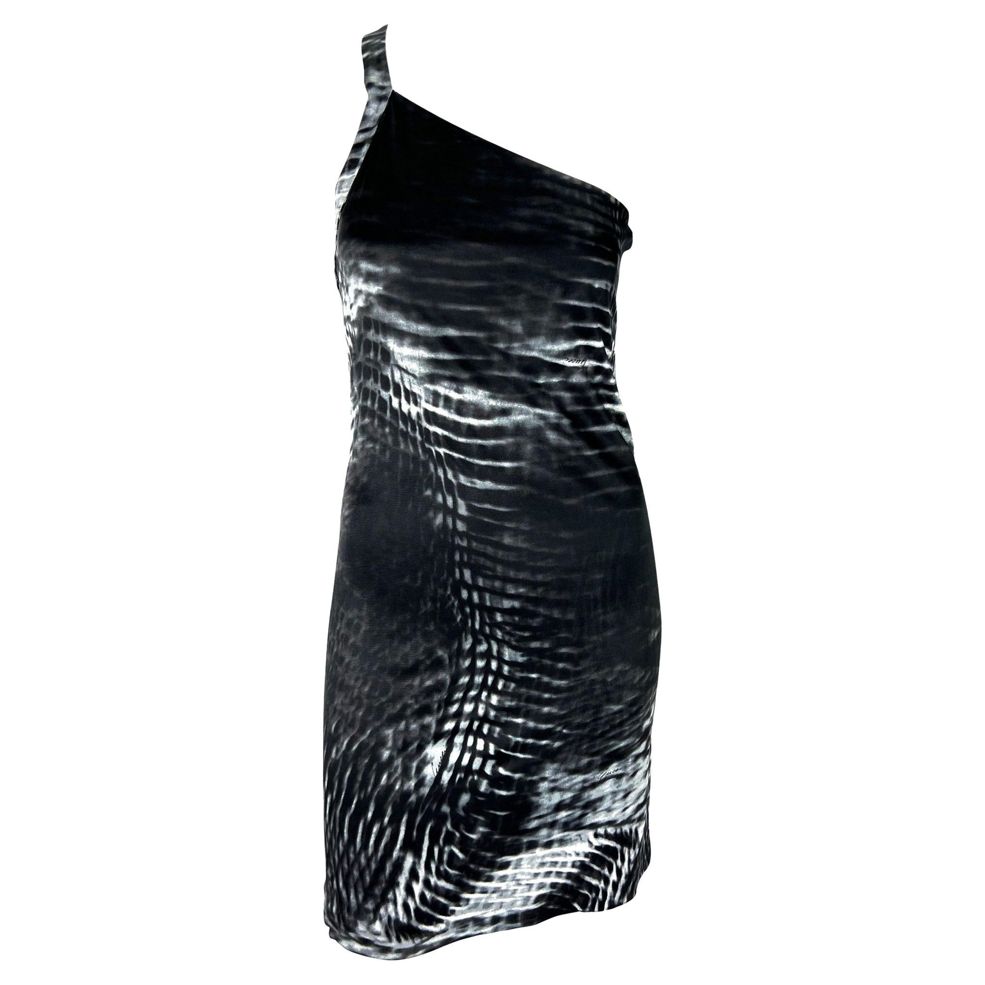 S/S 2000 Gucci by Tom Ford Runway Asymmetric Black Tie - Dye Logo Viscose Dress - RealList