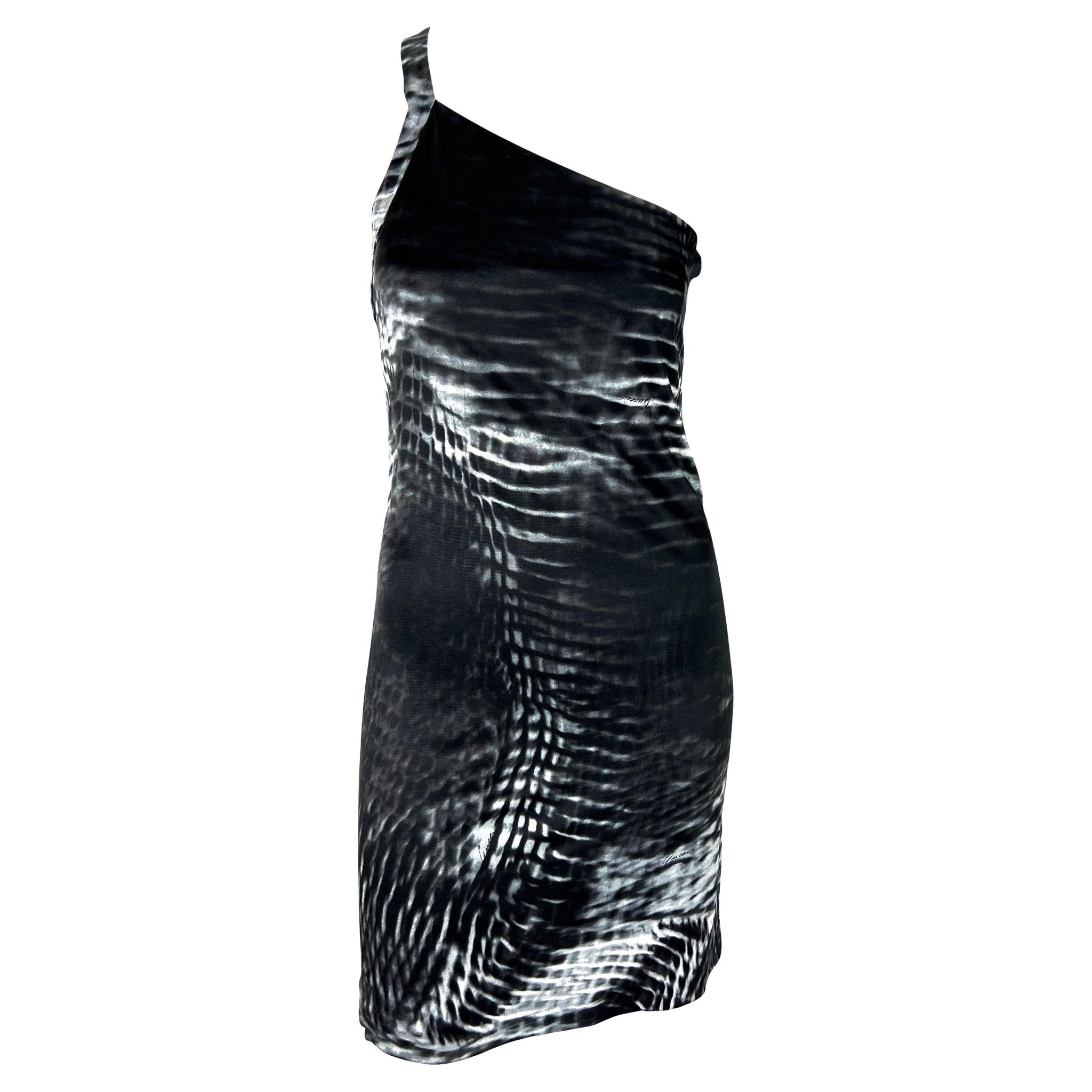 S/S 2000 Gucci by Tom Ford Runway Asymmetric Black Tie - Dye Logo Viscose Dress - RealList