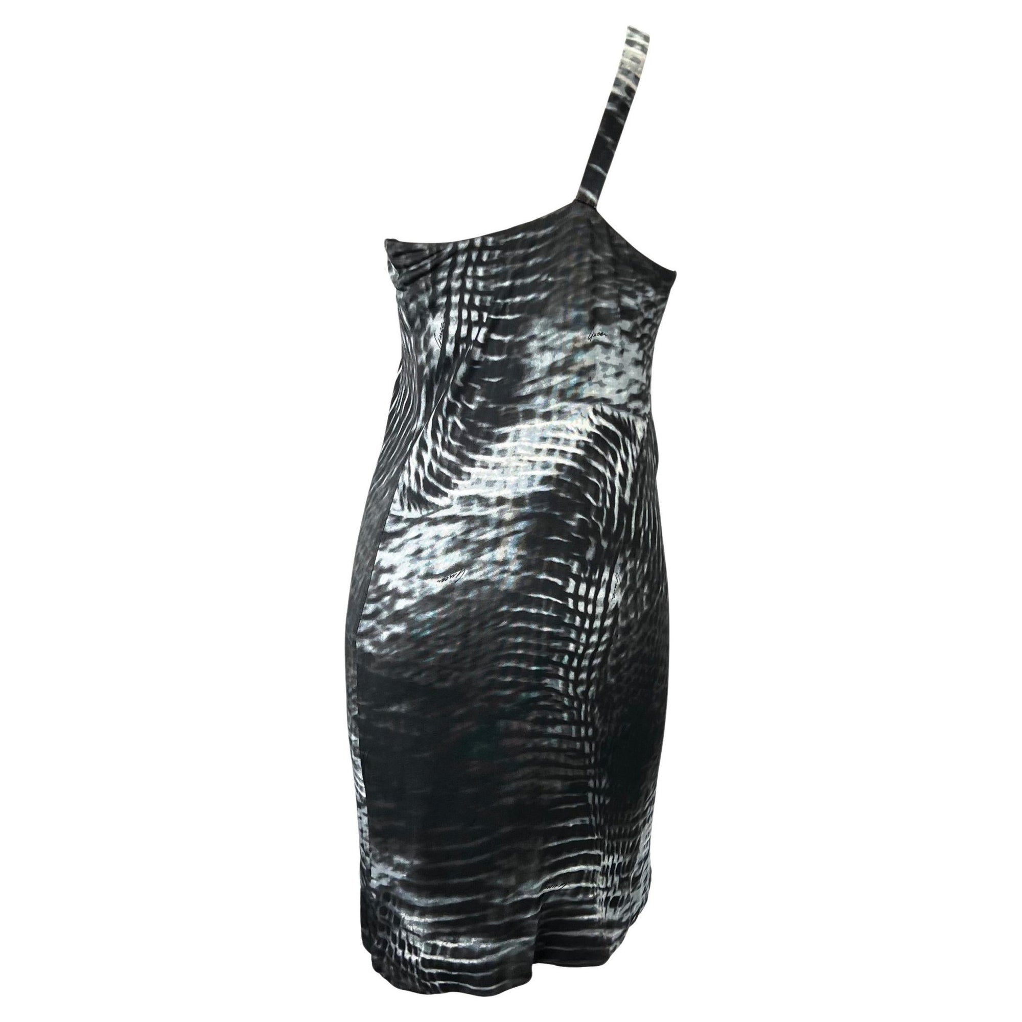 S/S 2000 Gucci by Tom Ford Runway Asymmetric Black Tie - Dye Logo Viscose Dress - RealList