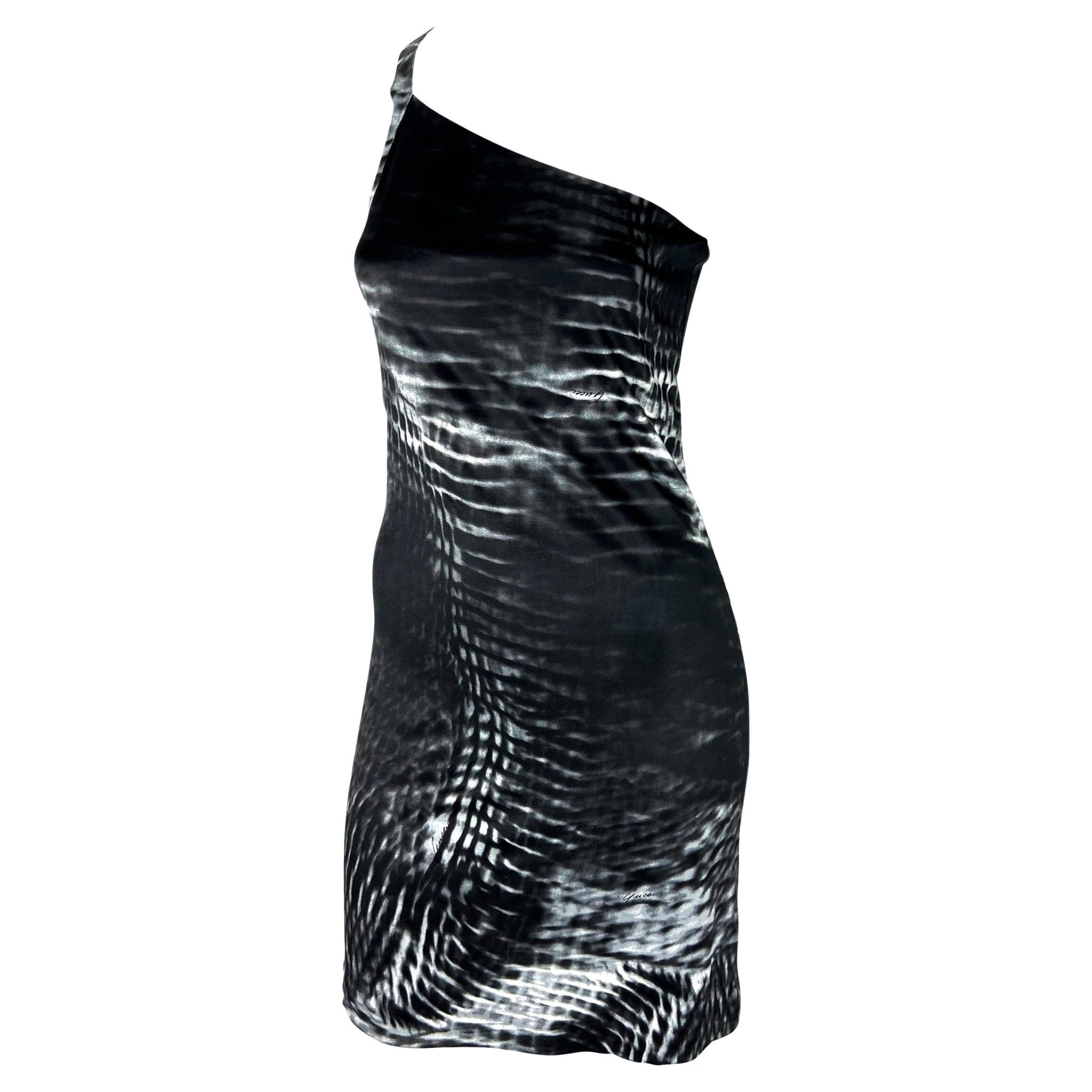 S/S 2000 Gucci by Tom Ford Runway Asymmetric Black Tie - Dye Logo Viscose Dress - RealList