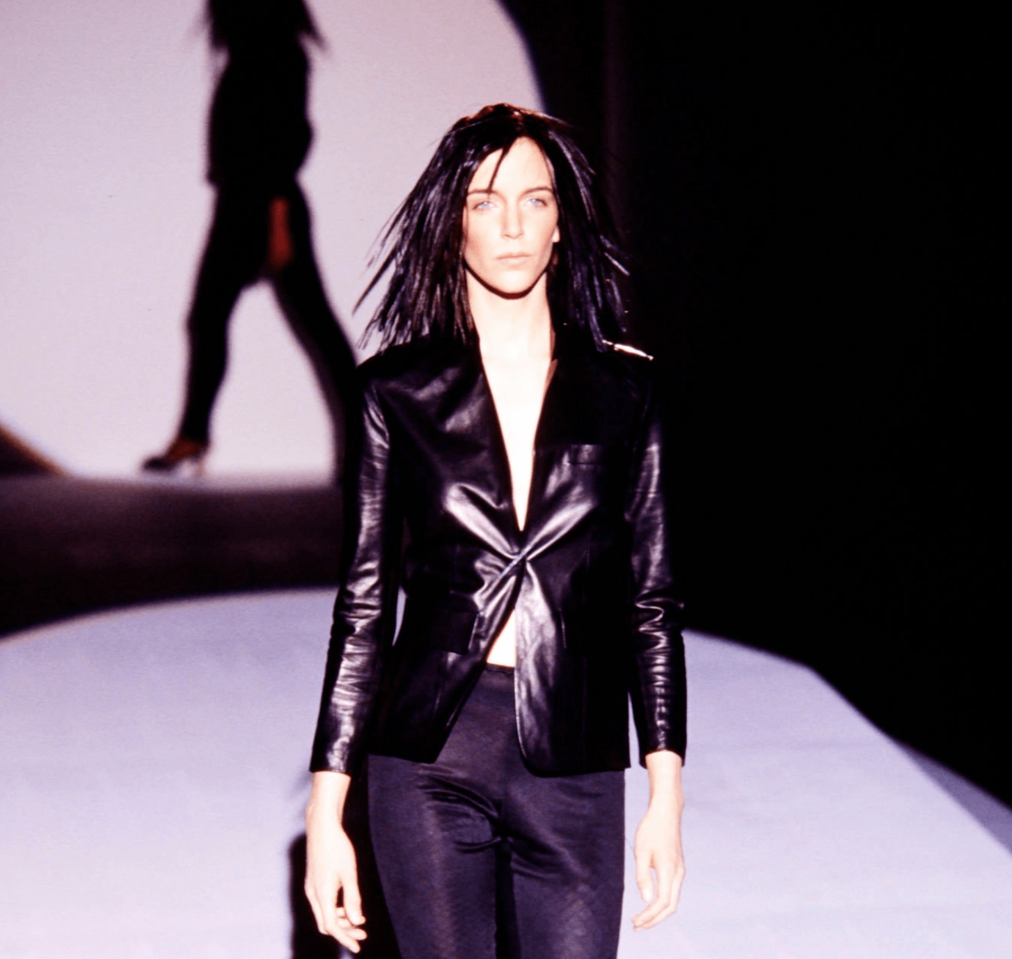 S/S 2000 Gucci by Tom Ford Runway Rhinestone Pin Black Leather Blazer Jacket - RealList