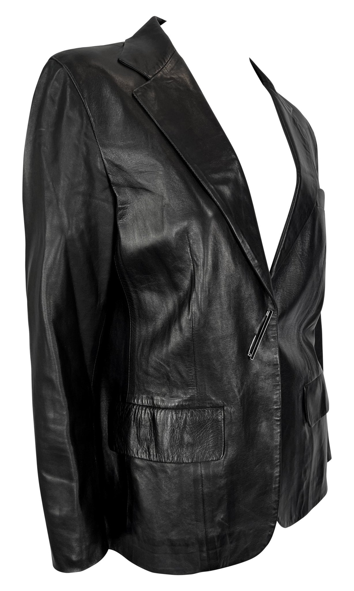 S/S 2000 Gucci by Tom Ford Runway Rhinestone Pin Black Leather Blazer Jacket - RealList
