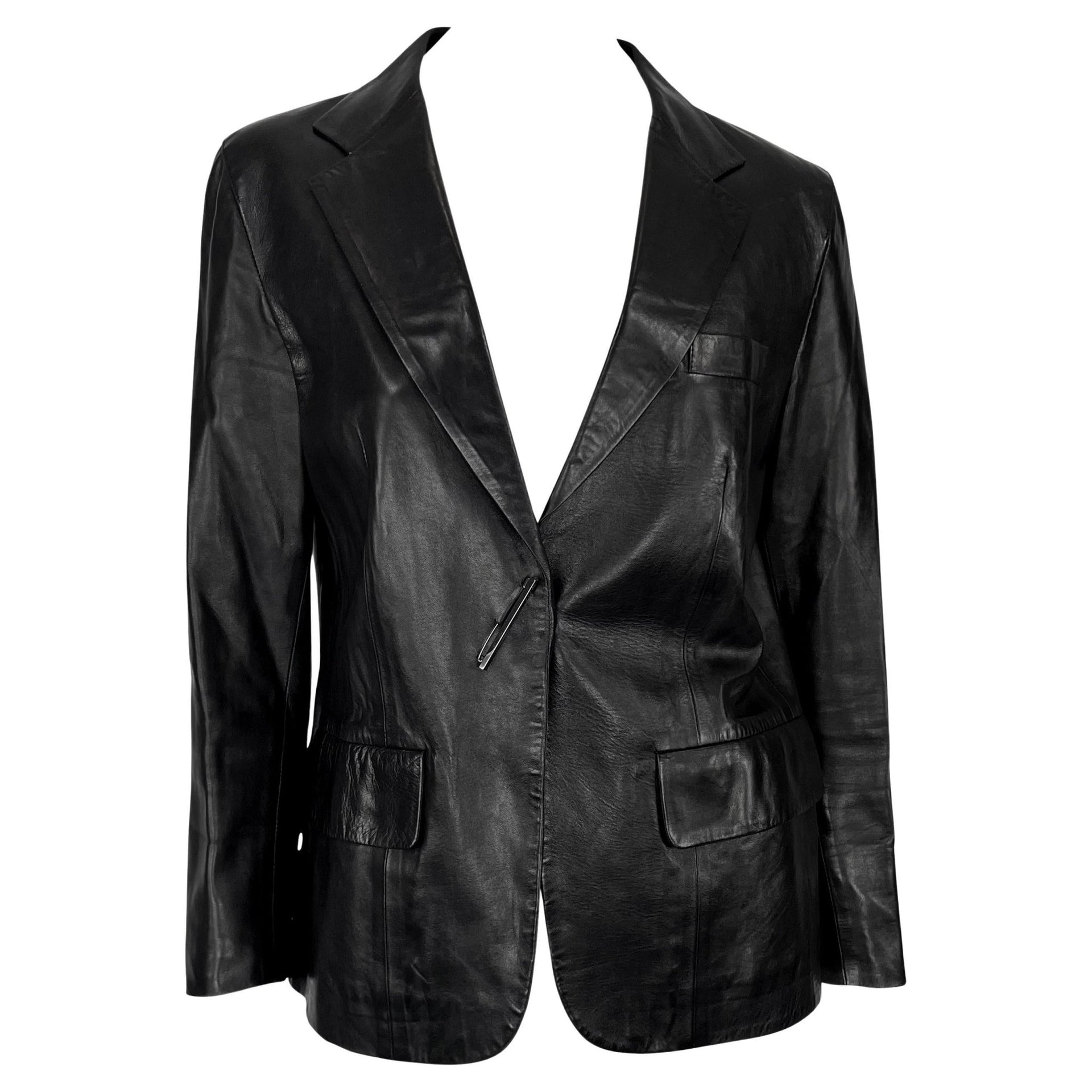 S/S 2000 Gucci by Tom Ford Runway Rhinestone Pin Black Leather Blazer Jacket - RealList