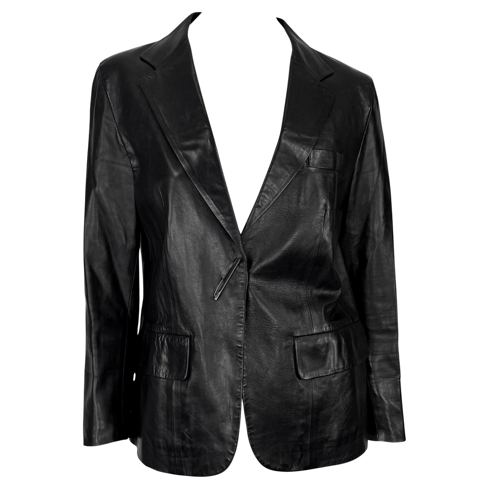S/S 2000 Gucci by Tom Ford Runway Rhinestone Pin Black Leather Blazer Jacket - RealList