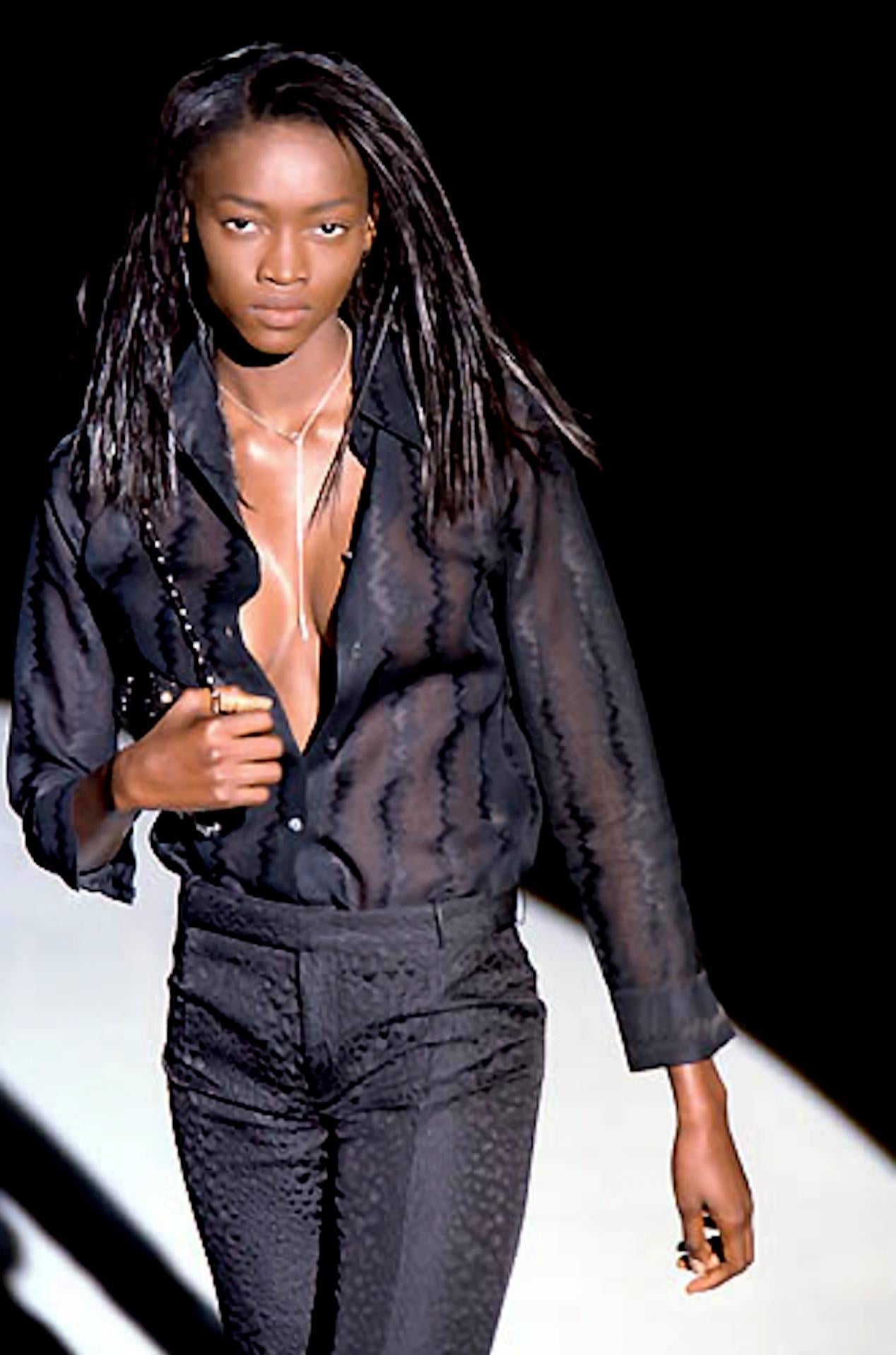 S/S 2000 Gucci by Tom Ford Runway Sheer Black Zig - Zag Blouse - RealList