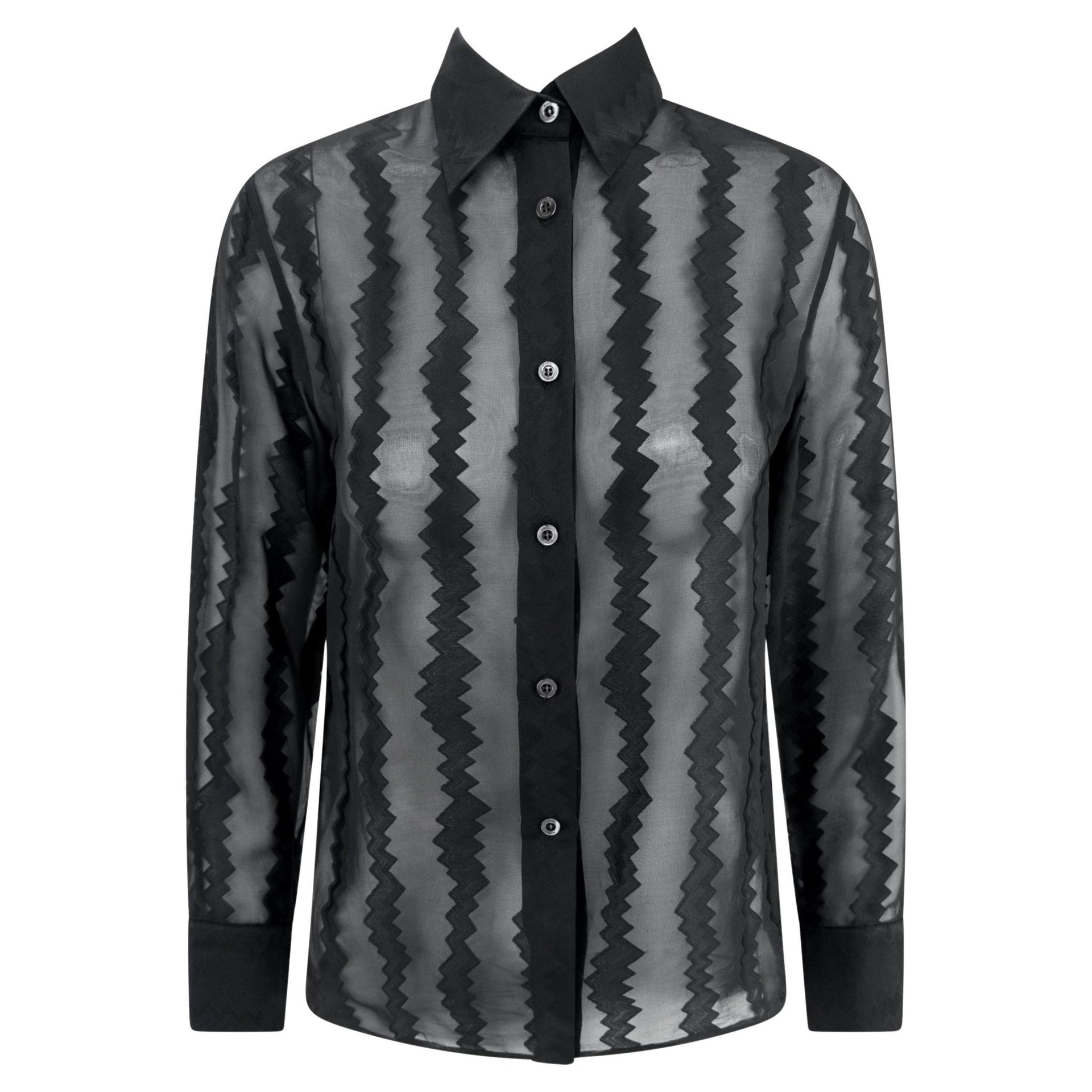 S/S 2000 Gucci by Tom Ford Runway Sheer Black Zig - Zag Blouse - RealList