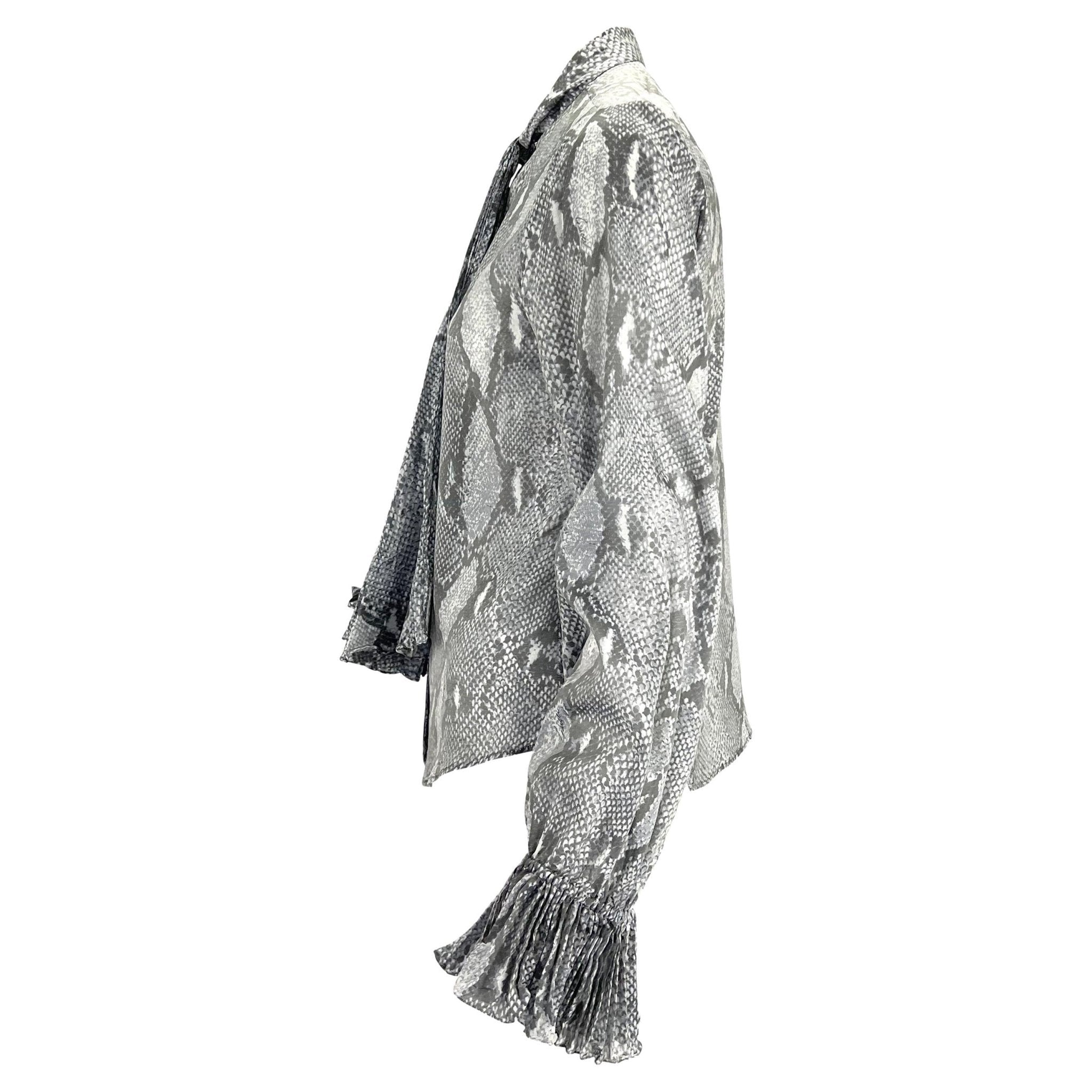 S/S 2000 Gucci by Tom Ford Sheer Snake Print Pleated Pussy Bow Button Up Top - RealList