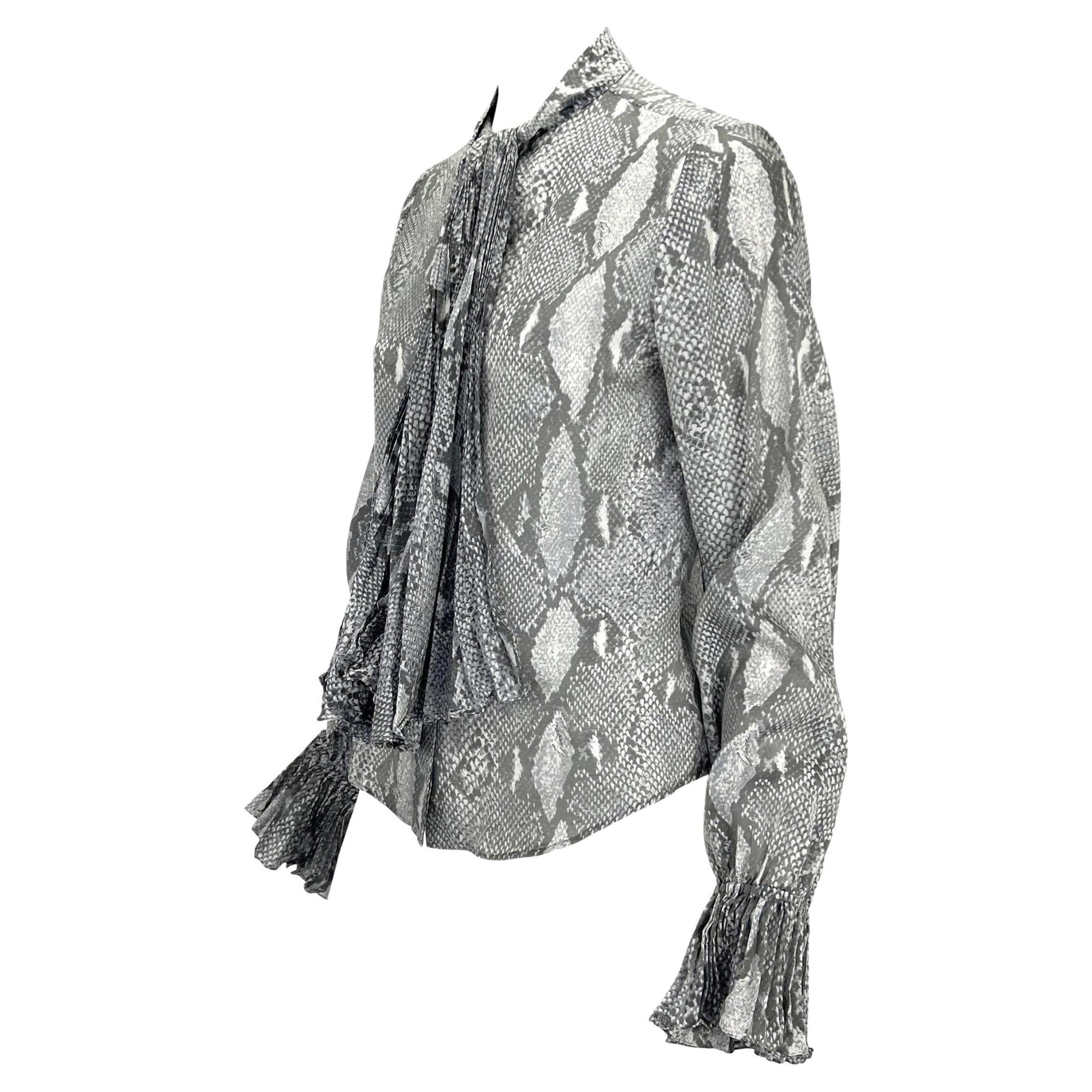 S/S 2000 Gucci by Tom Ford Sheer Snake Print Pleated Pussy Bow Button Up Top - RealList