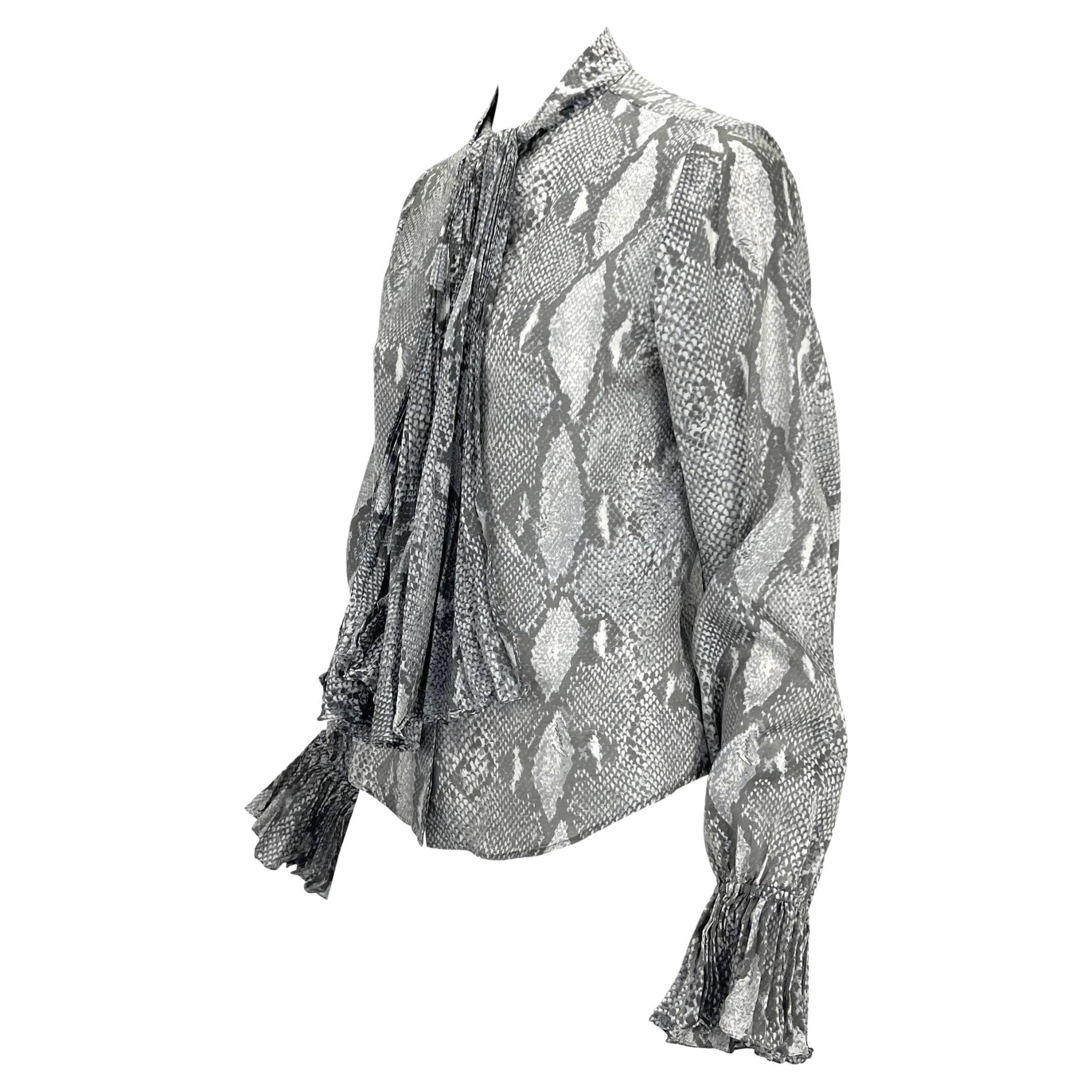 S/S 2000 Gucci by Tom Ford Sheer Snake Print Pleated Pussy Bow Button Up Top - RealList