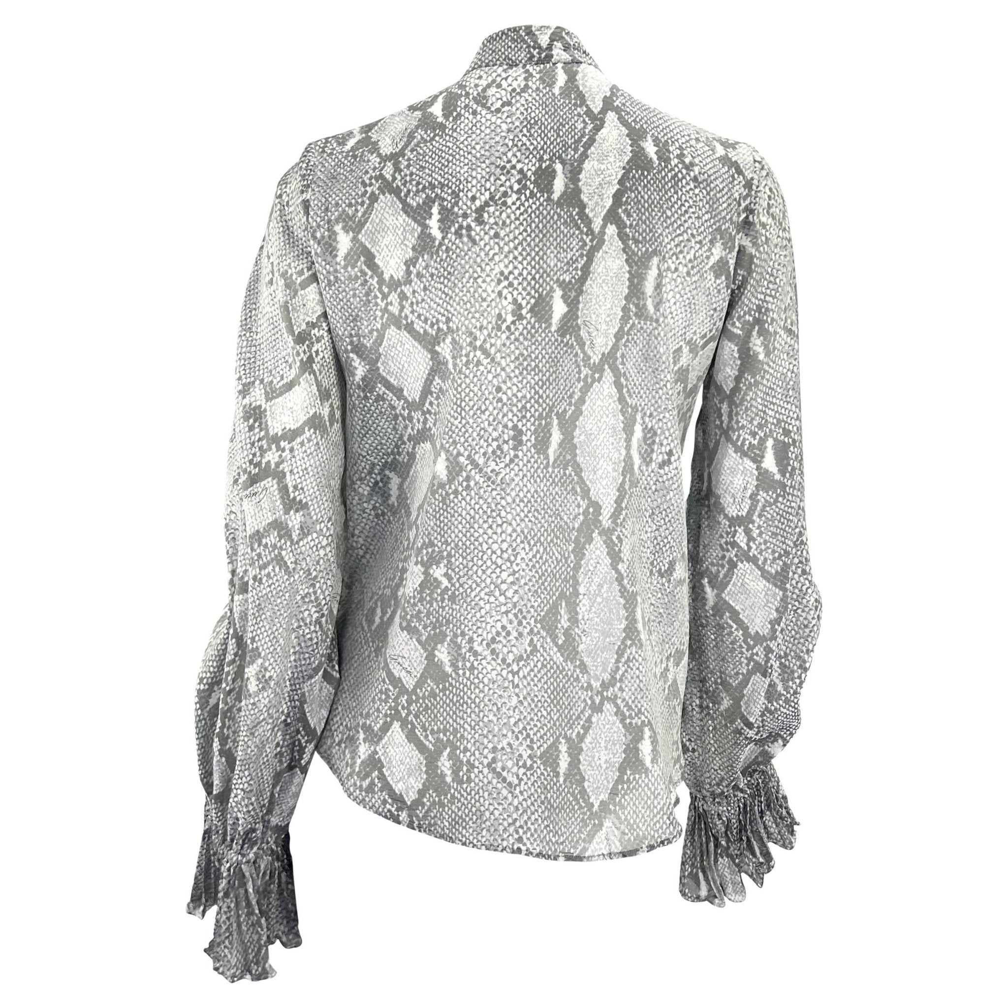 S/S 2000 Gucci by Tom Ford Sheer Snake Print Pleated Pussy Bow Button Up Top - RealList