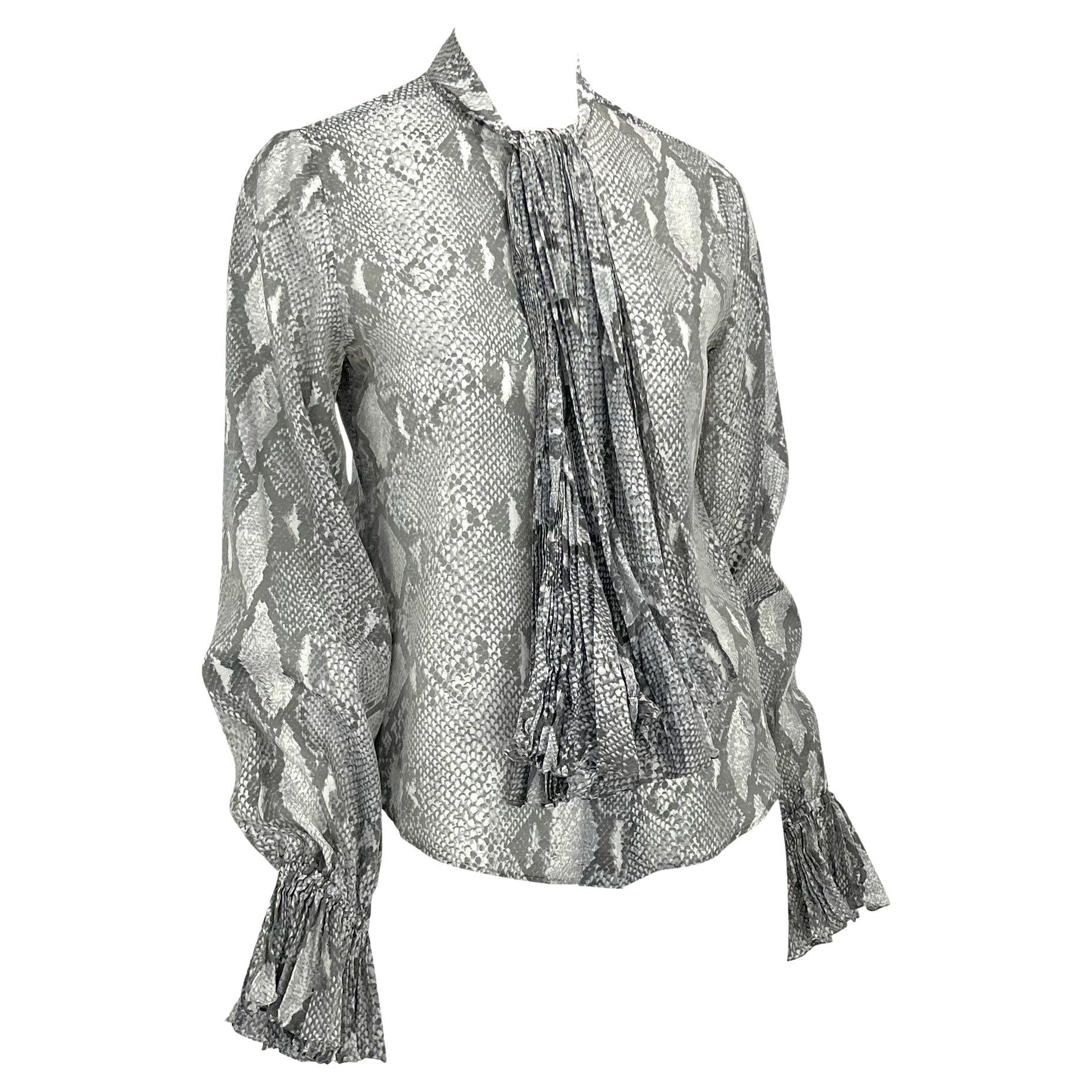 S/S 2000 Gucci by Tom Ford Sheer Snake Print Pleated Pussy Bow Button Up Top - RealList