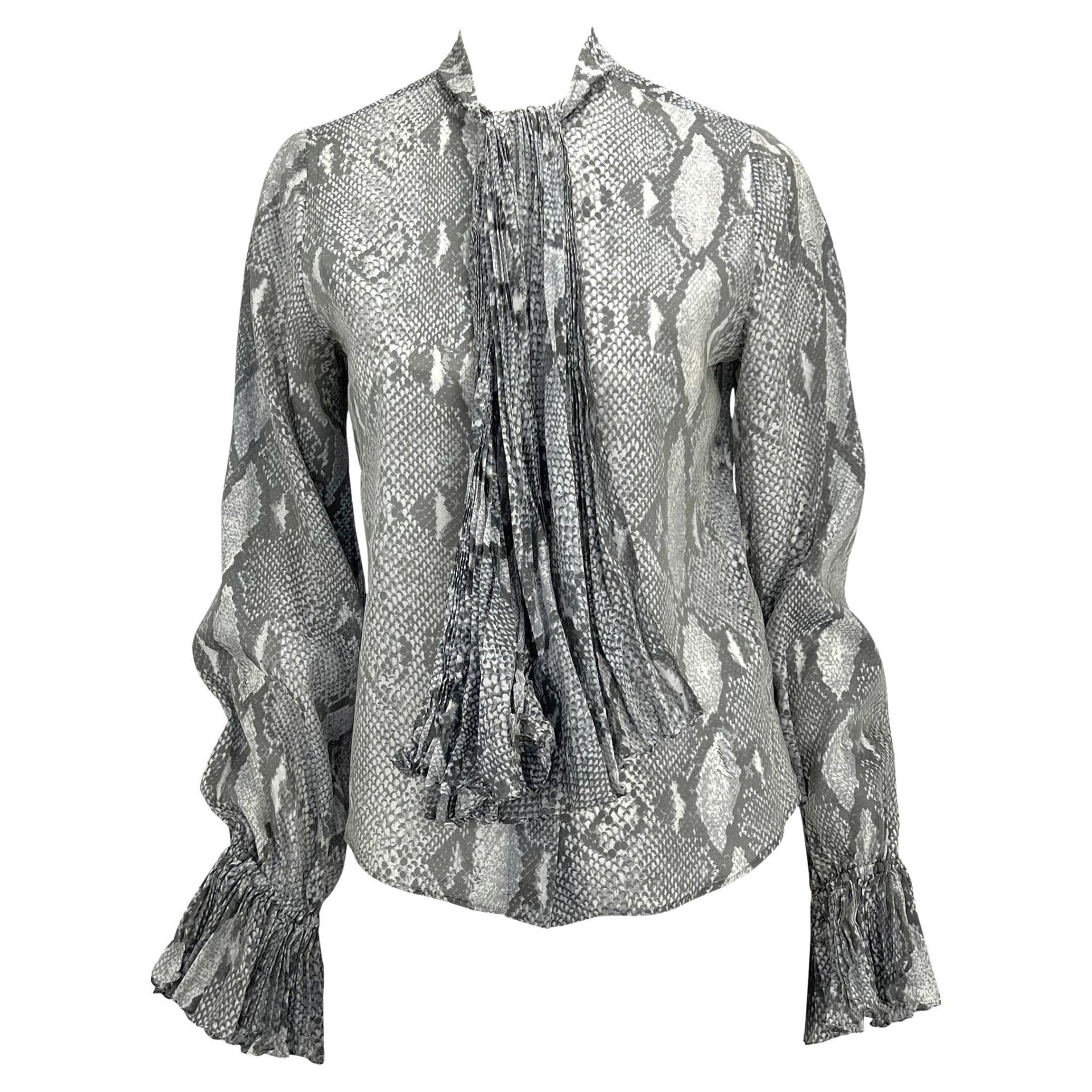 S/S 2000 Gucci by Tom Ford Sheer Snake Print Pleated Pussy Bow Button Up Top - RealList