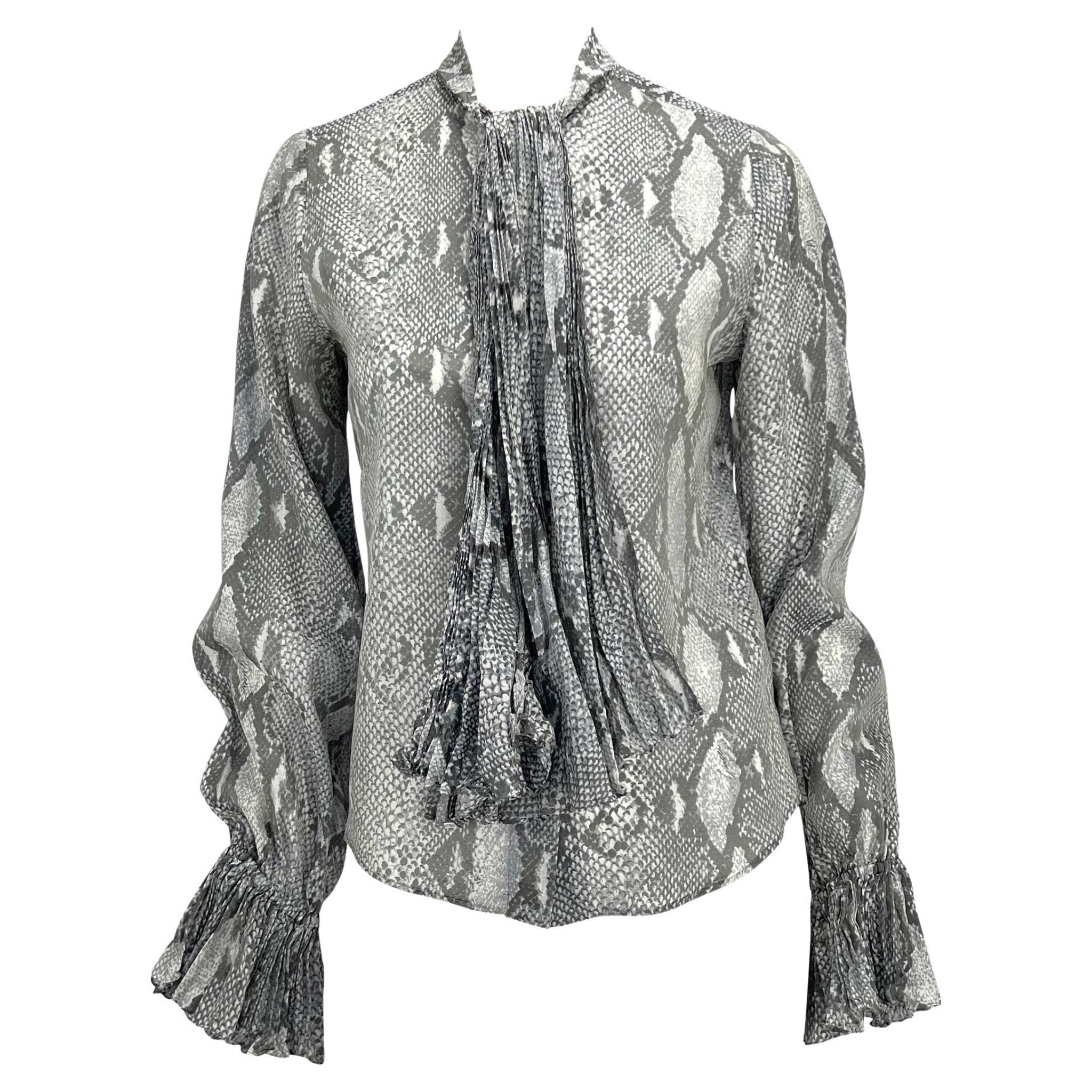 S/S 2000 Gucci by Tom Ford Sheer Snake Print Pleated Pussy Bow Button Up Top - RealList