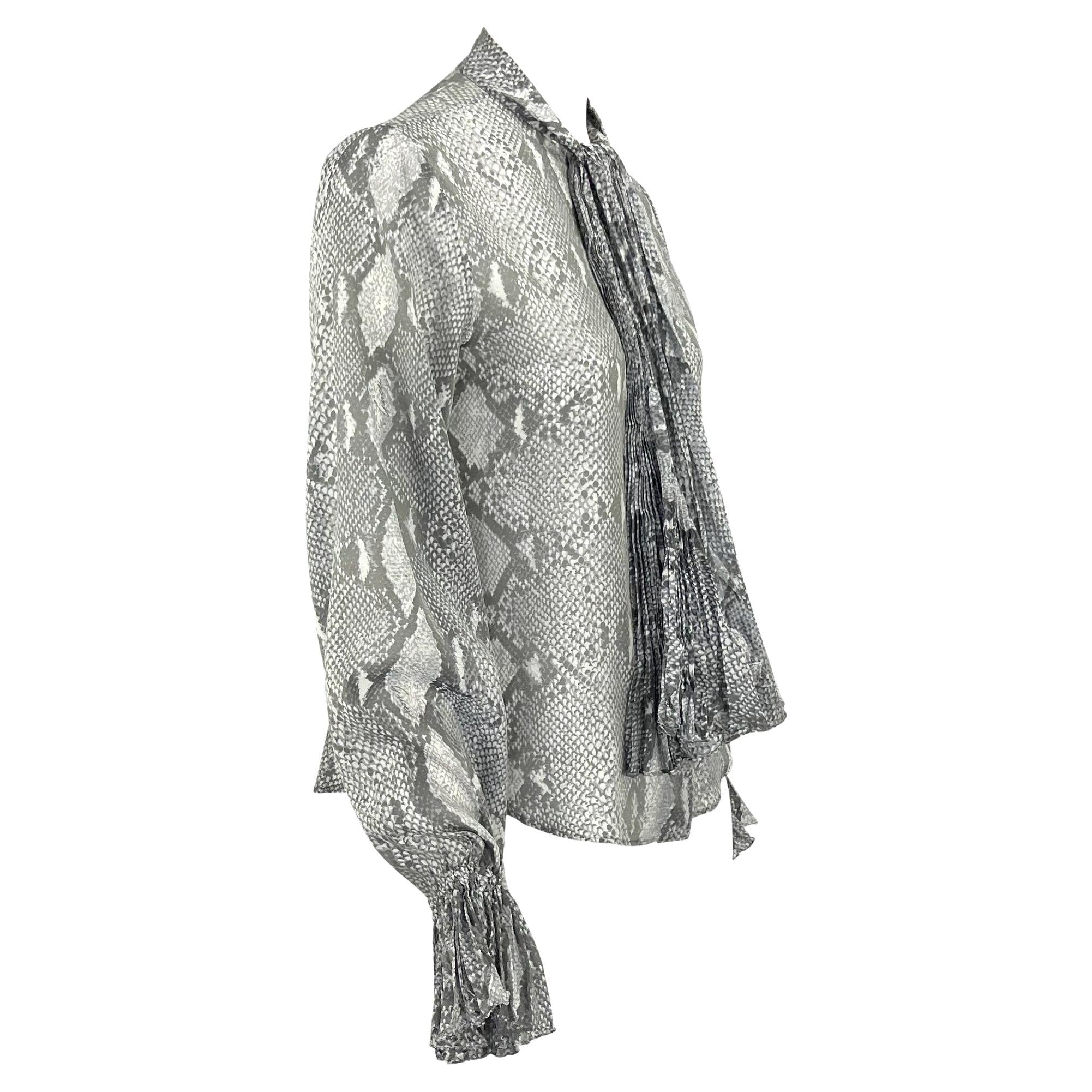 S/S 2000 Gucci by Tom Ford Sheer Snake Print Pleated Pussy Bow Button Up Top - RealList