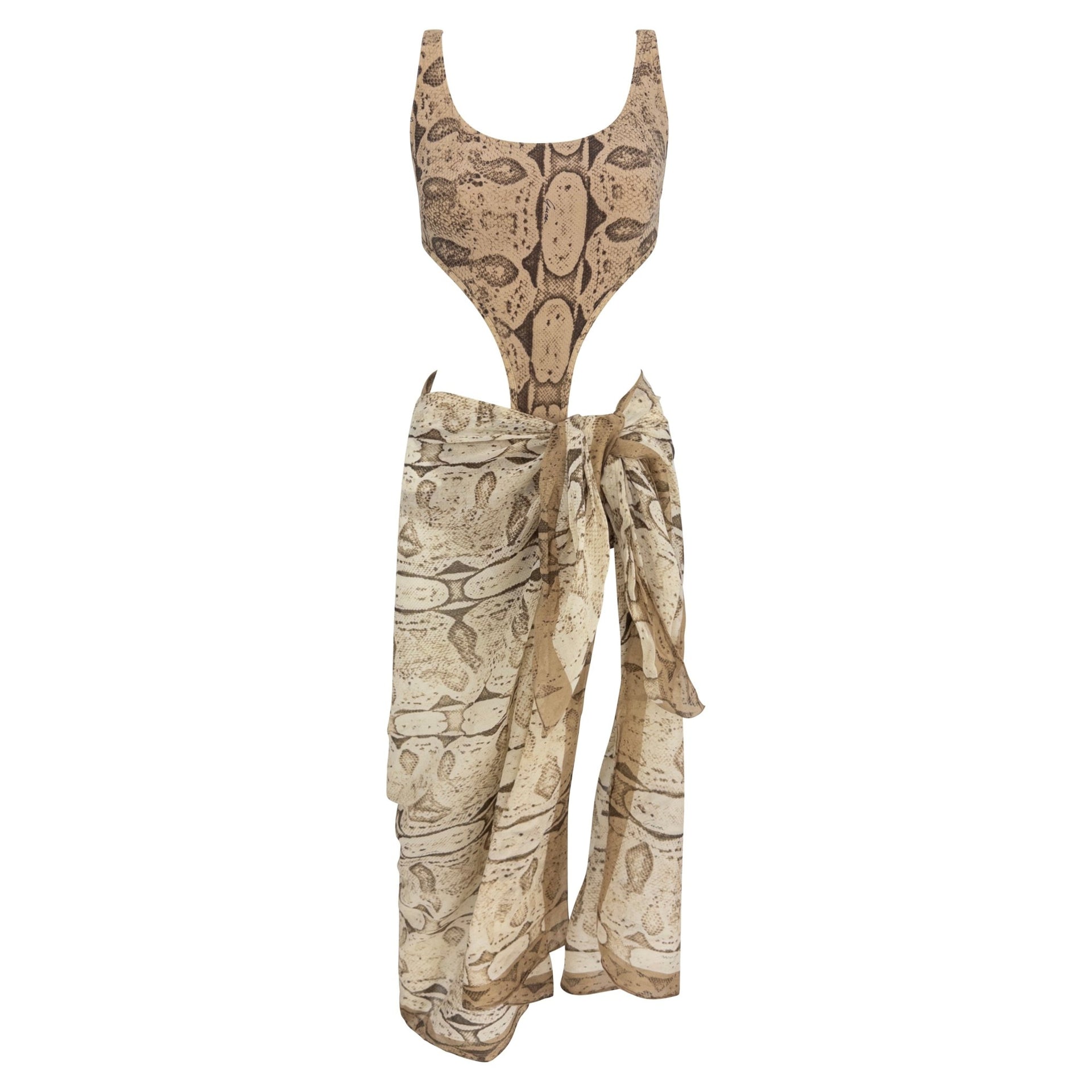 S/S 2000 Gucci by Tom Ford Snake Print One Piece Cutout Bathing Suit Pareo Set - RealList