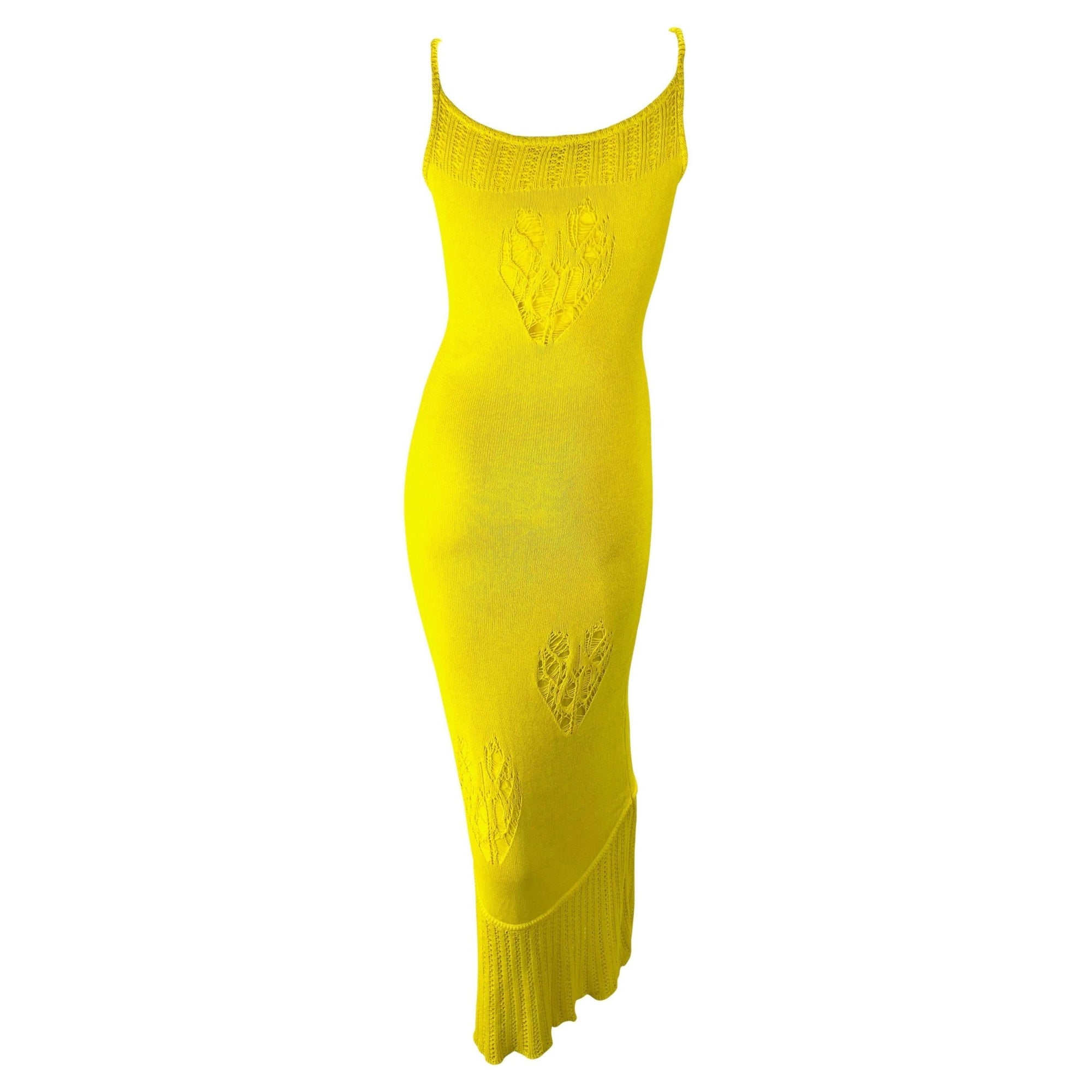 S/S 2000 John Galliano Canary Yellow Knit Distressed Heart Stretch Knit Dress - RealList