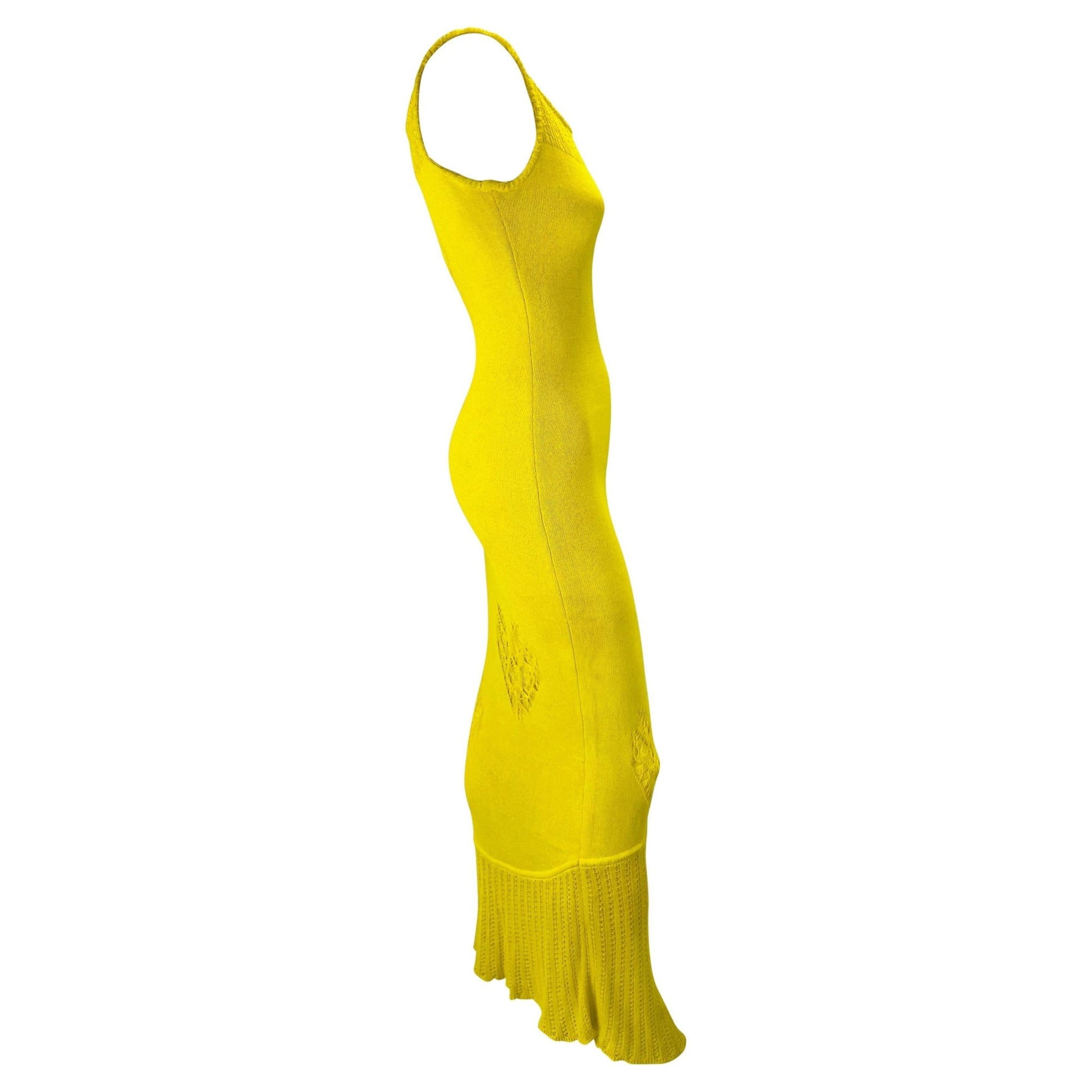 S/S 2000 John Galliano Canary Yellow Knit Distressed Heart Stretch Knit Dress - RealList