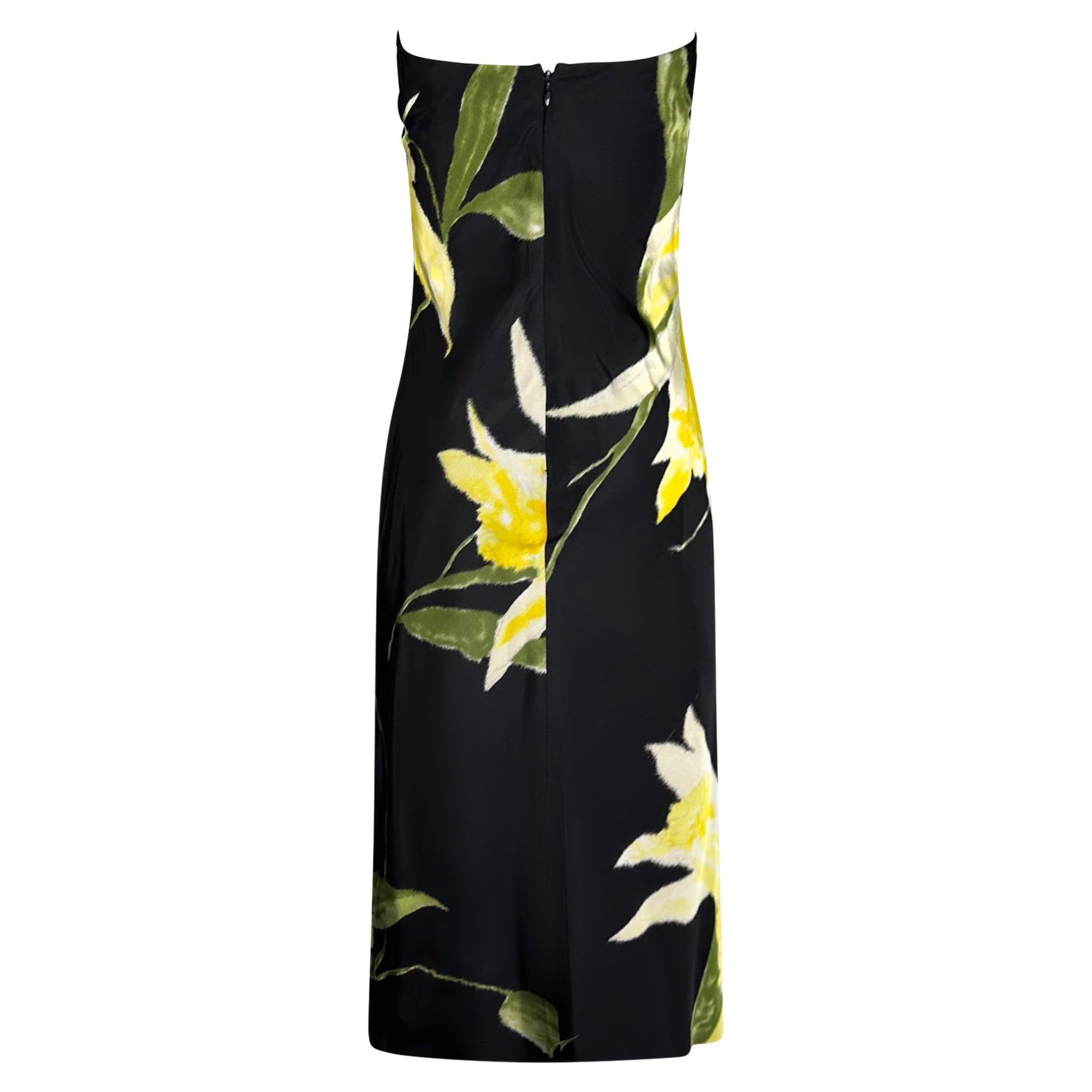 S/S 2000 Ralph Lauren Runway Black Yellow Floral Strapless Cocktail Dress - RealList