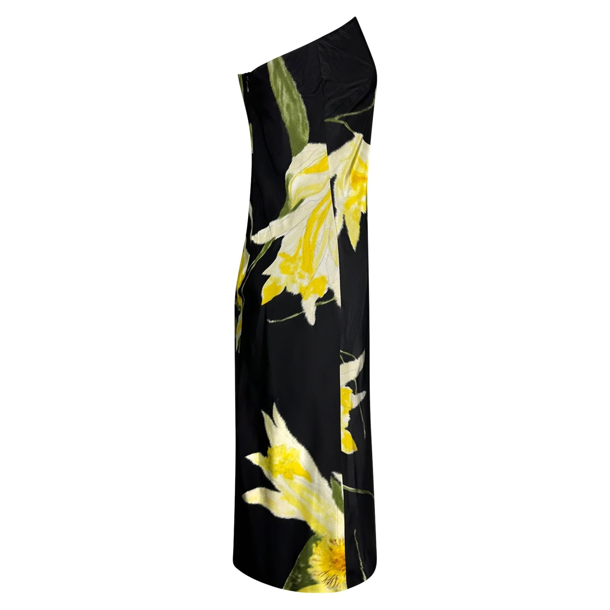 S/S 2000 Ralph Lauren Runway Black Yellow Floral Strapless Cocktail Dress - RealList
