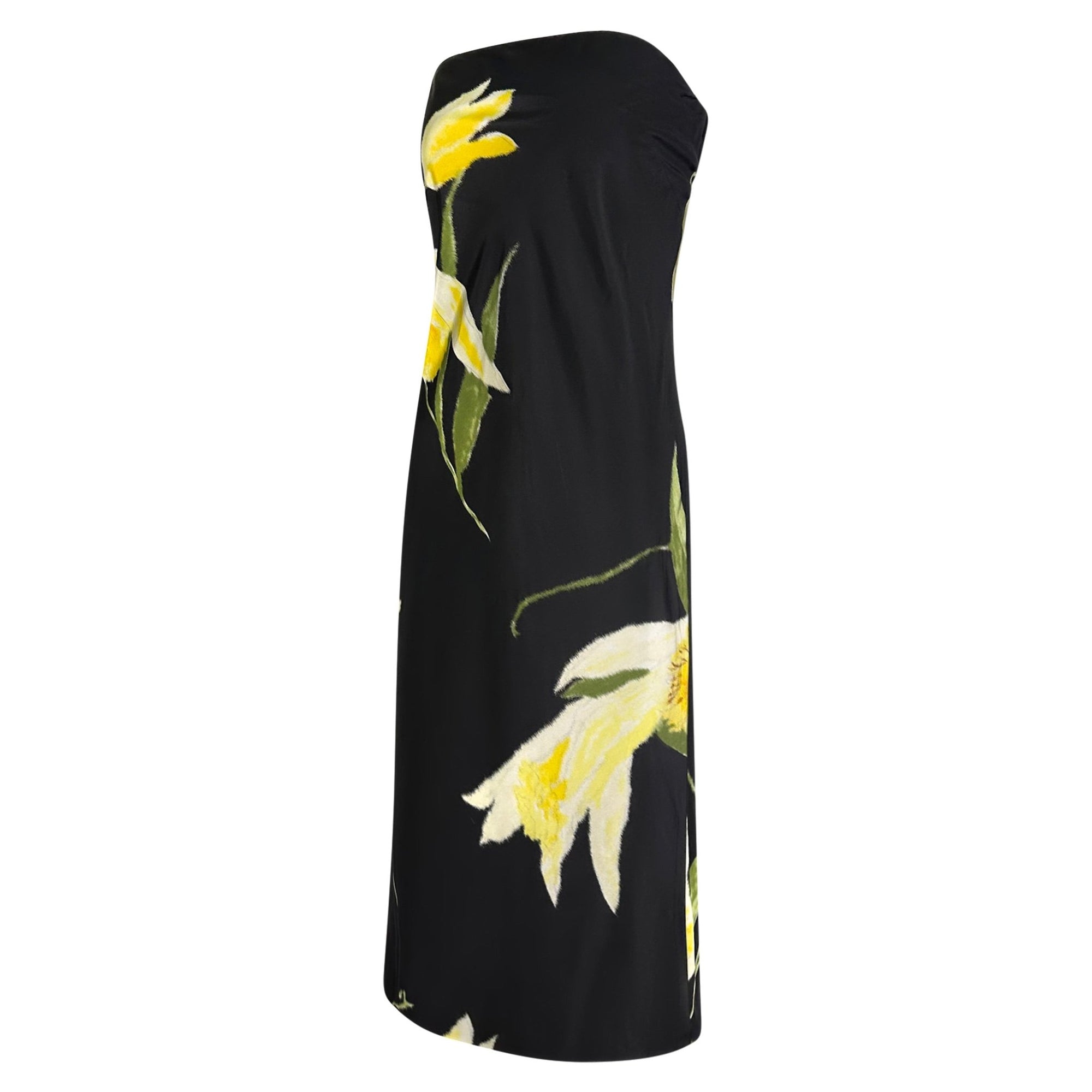 S/S 2000 Ralph Lauren Runway Black Yellow Floral Strapless Cocktail Dress - RealList