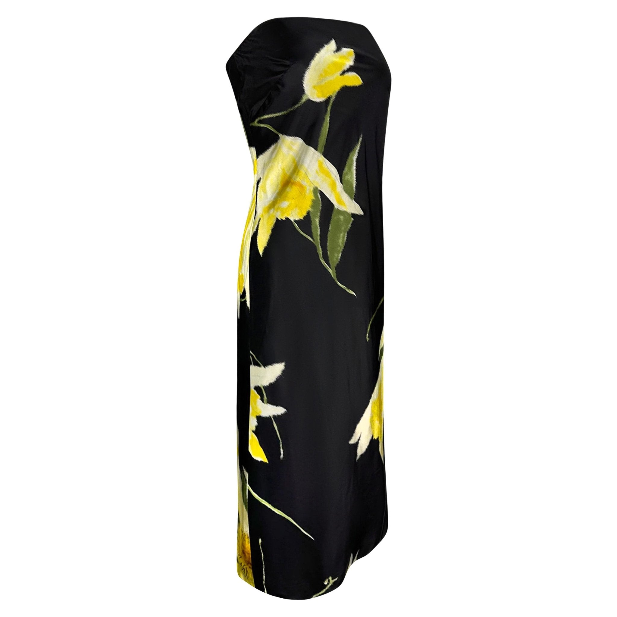 S/S 2000 Ralph Lauren Runway Black Yellow Floral Strapless Cocktail Dress - RealList