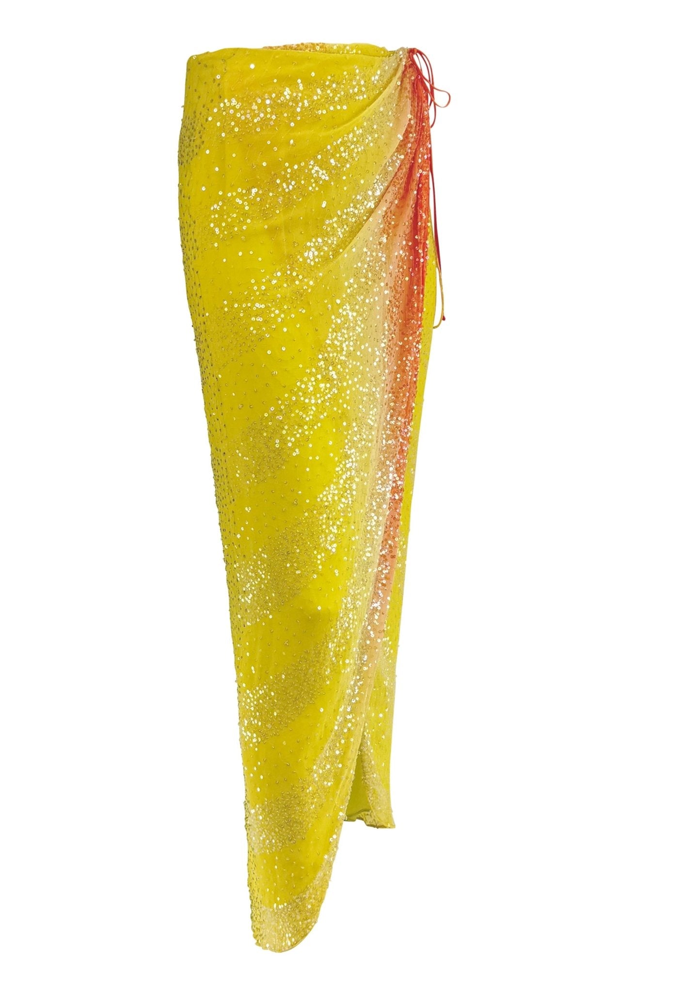 S/S 2000 Randolph Duke Yellow Silk Sequin Orange Ombré Wrap Maxi Skirt - RealList