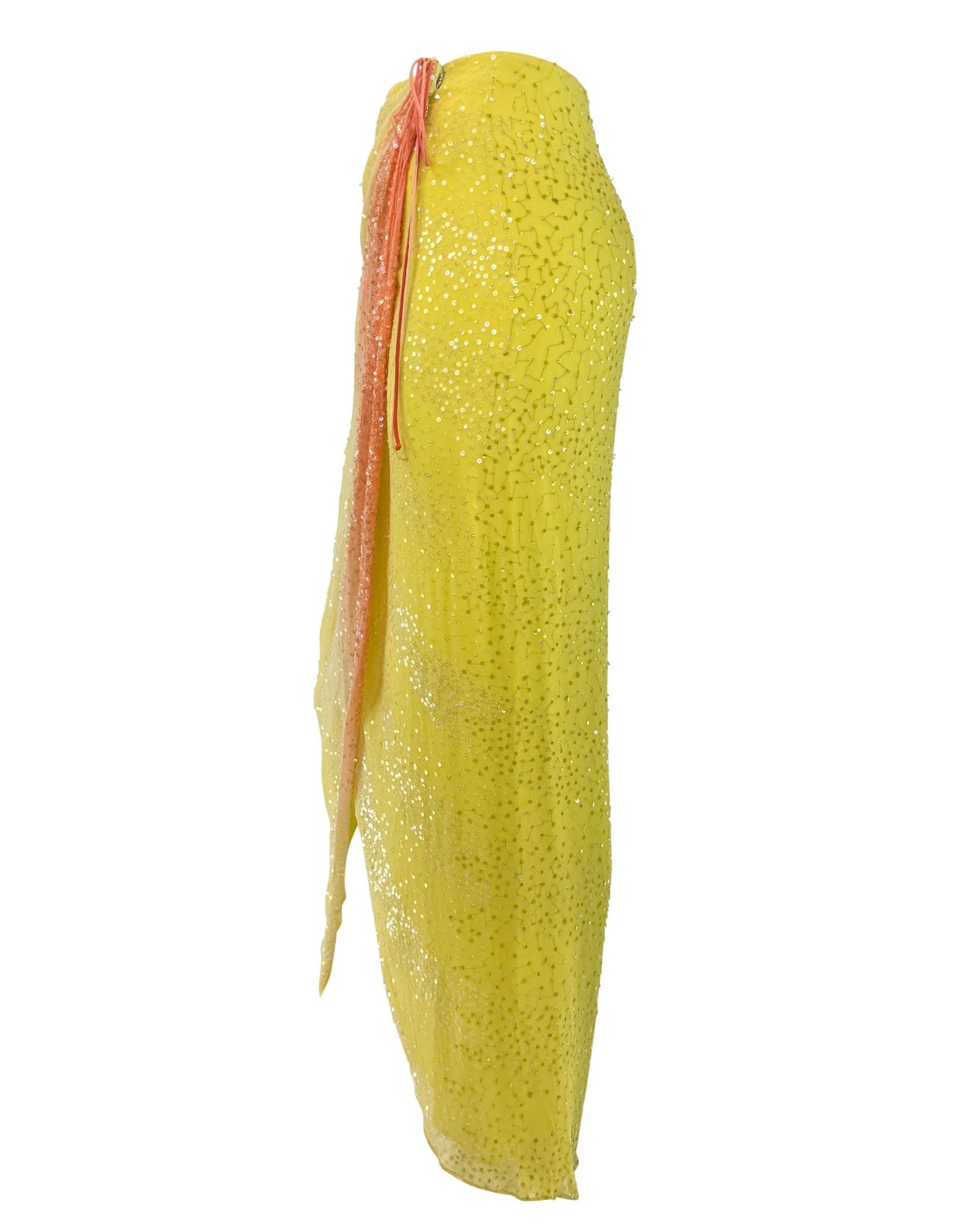 S/S 2000 Randolph Duke Yellow Silk Sequin Orange Ombré Wrap Maxi Skirt - RealList