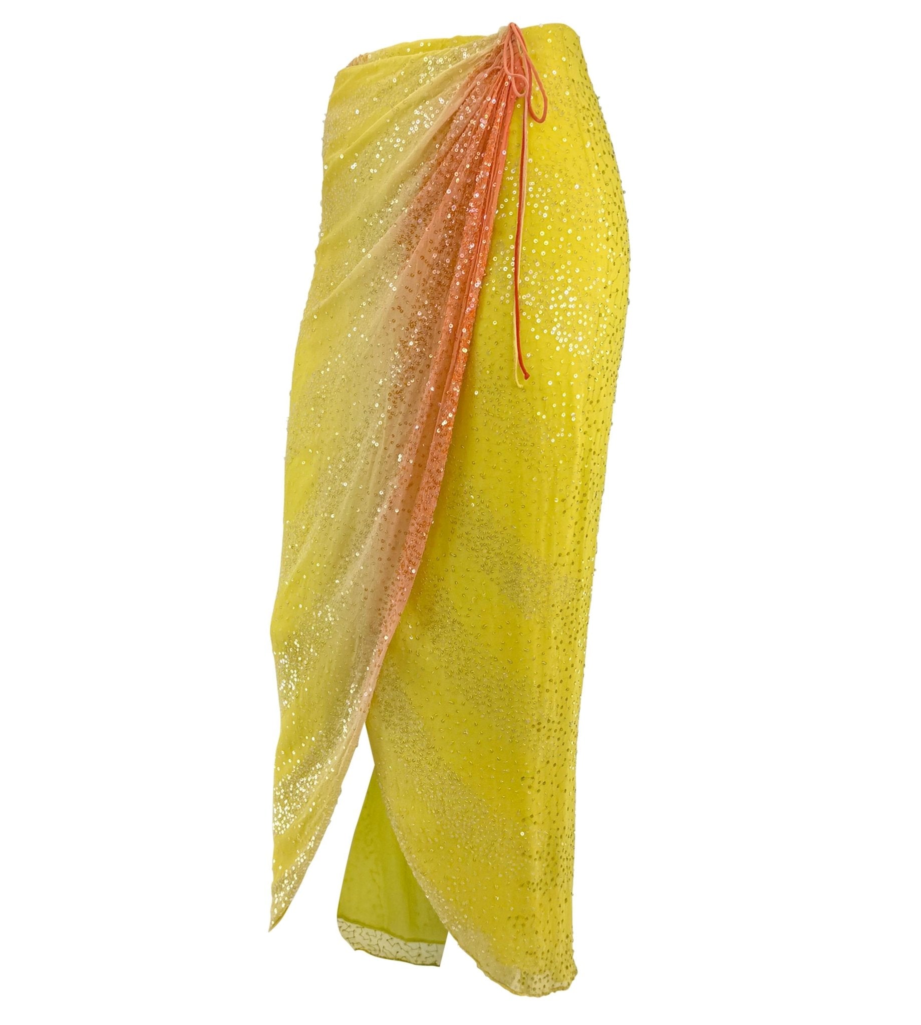 S/S 2000 Randolph Duke Yellow Silk Sequin Orange Ombré Wrap Maxi Skirt - RealList