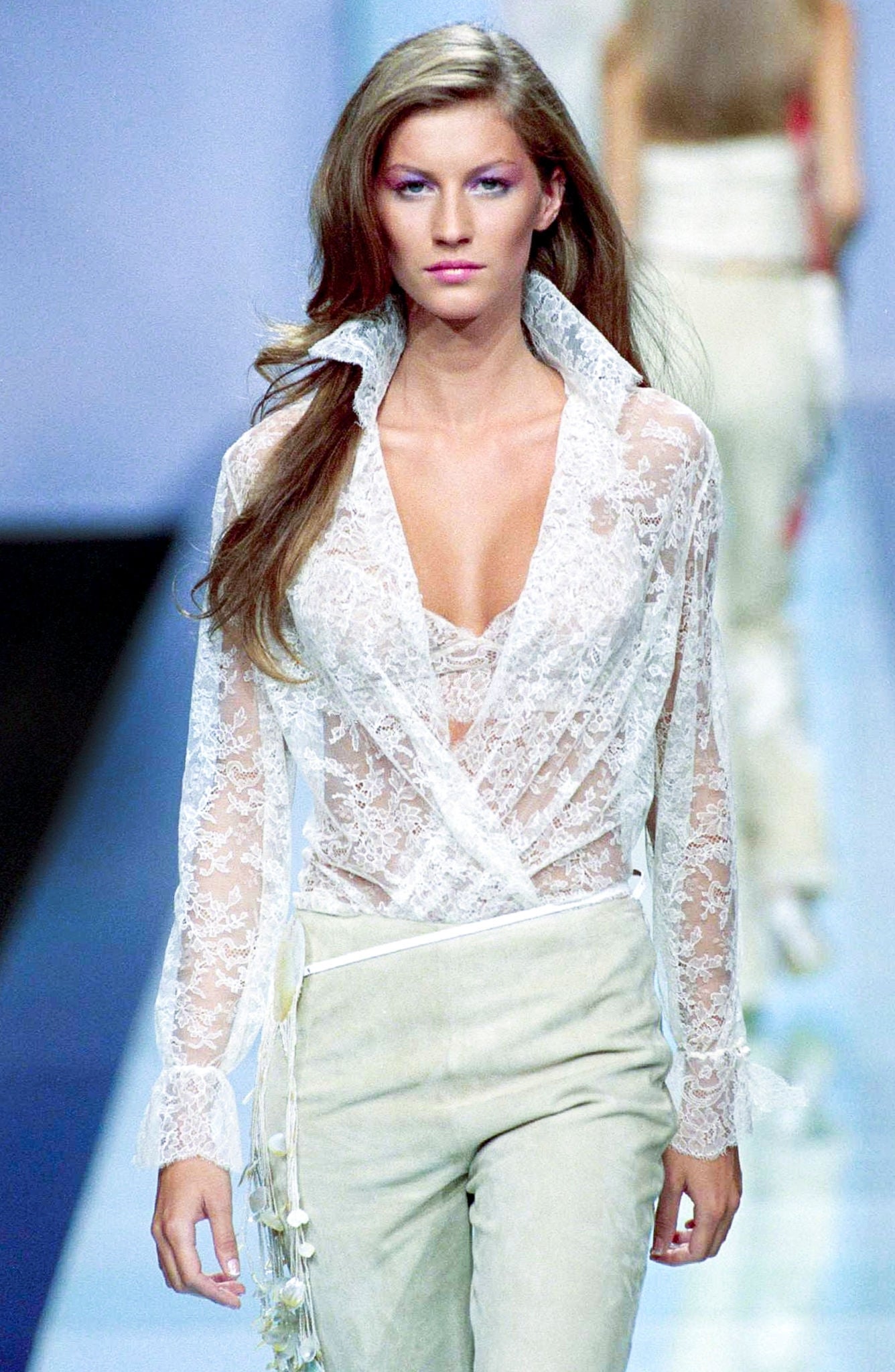S/S 2000 Valentino Garavani Runway Sheer Lilac Lace Long Sleeve Top - RealList
