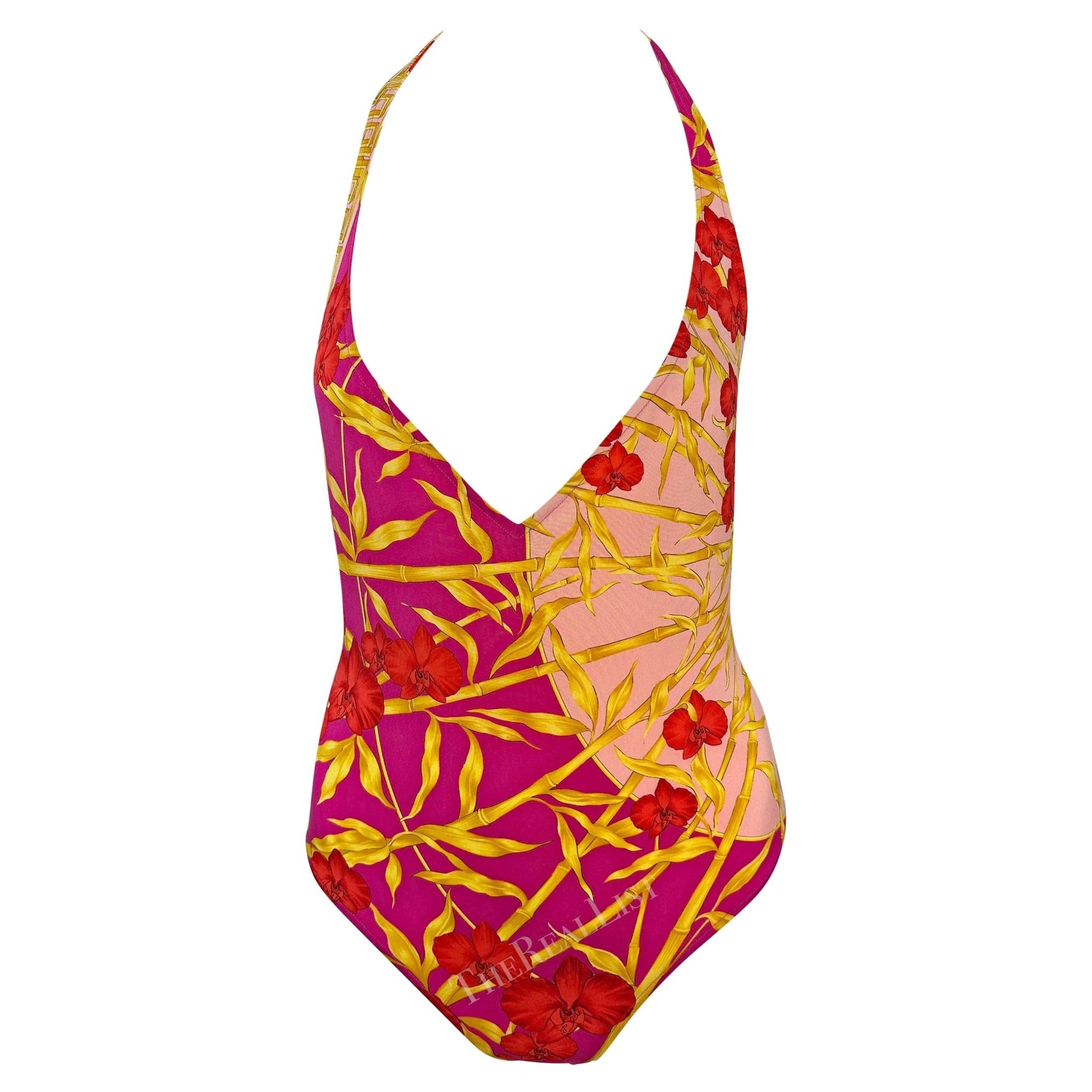 S/S 2000 Versace by Donatella Hot Pink Bamboo Plunging Halter One - Piece Swimsuit - RealList