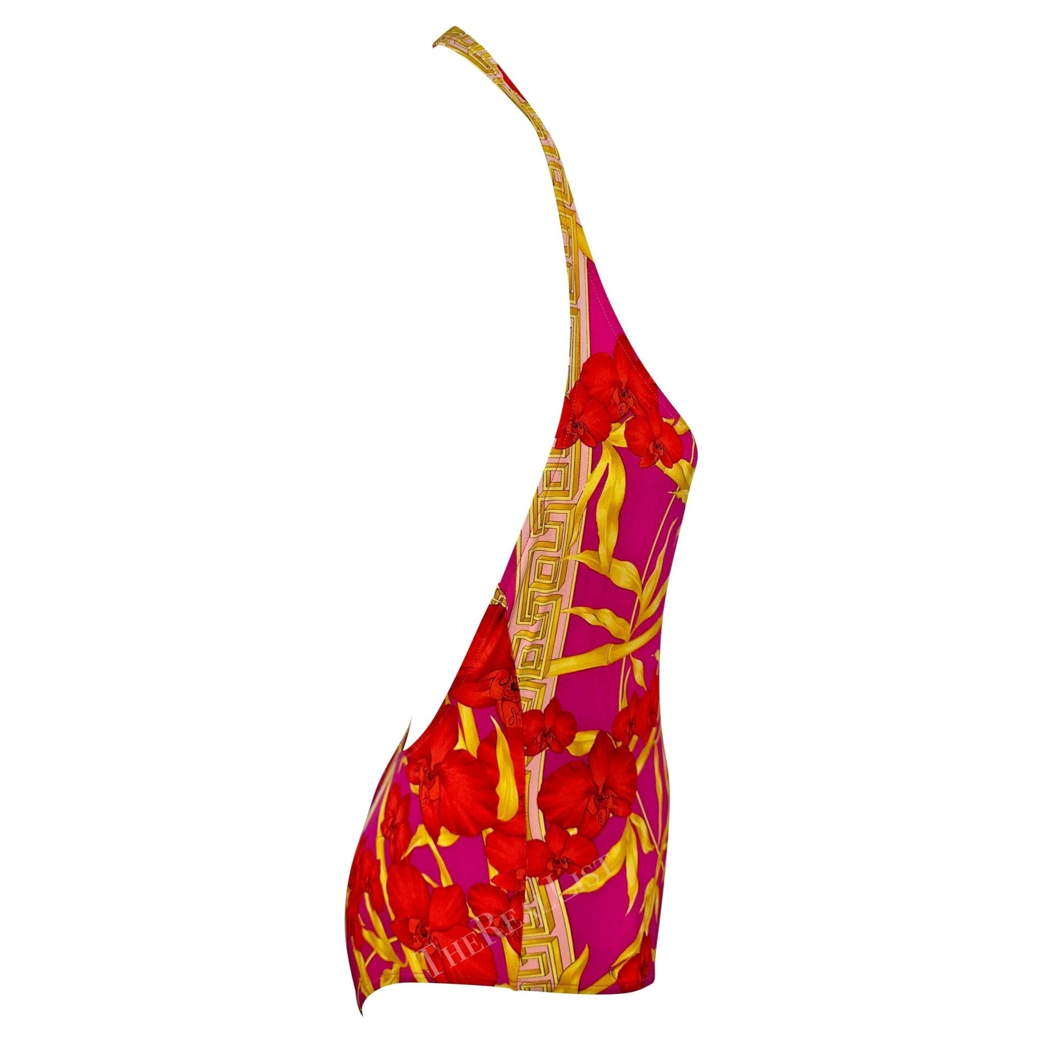 S/S 2000 Versace by Donatella Hot Pink Bamboo Plunging Halter One - Piece Swimsuit - RealList