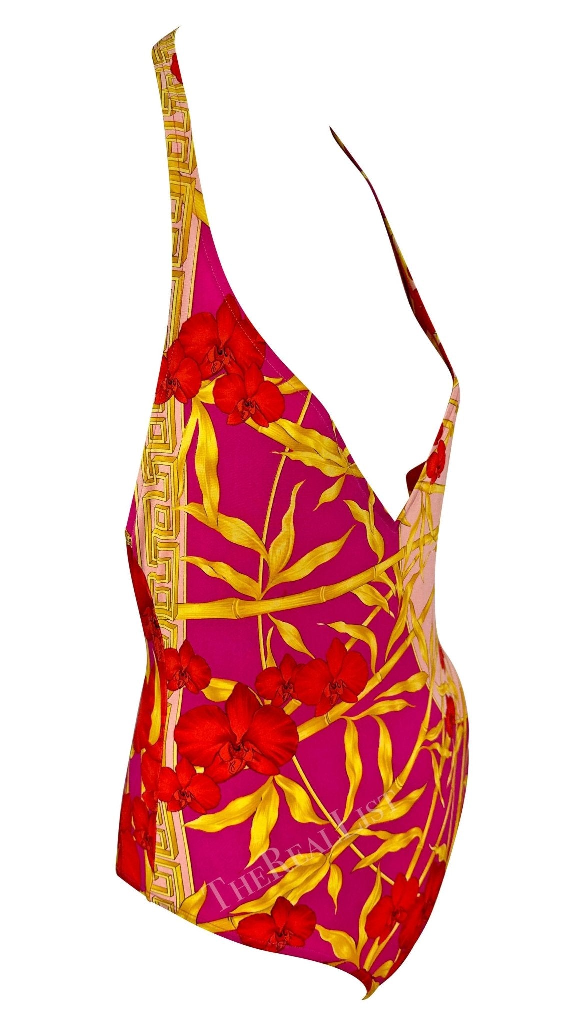 S/S 2000 Versace by Donatella Hot Pink Bamboo Plunging Halter One - Piece Swimsuit - RealList