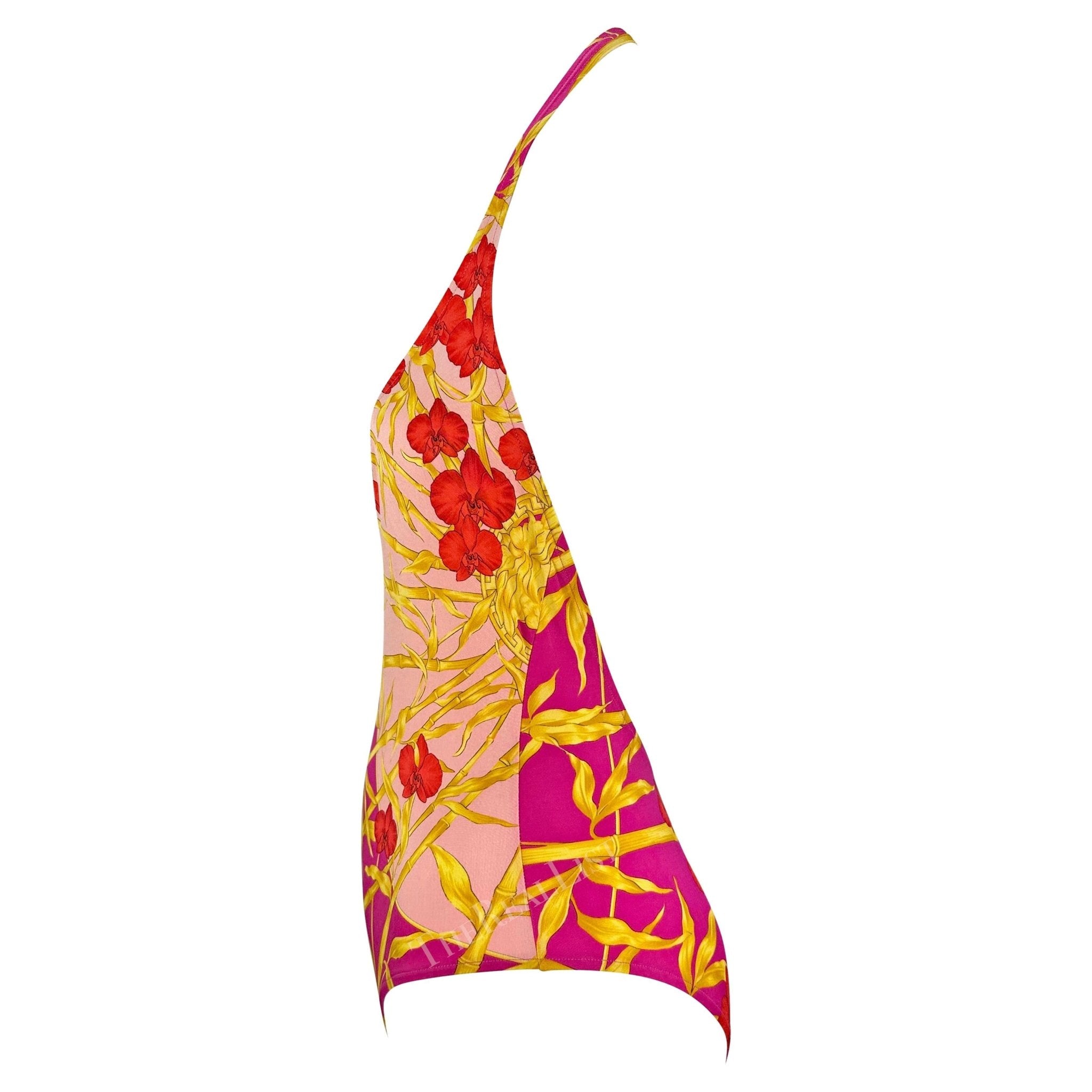 S/S 2000 Versace by Donatella Hot Pink Bamboo Plunging Halter One - Piece Swimsuit - RealList