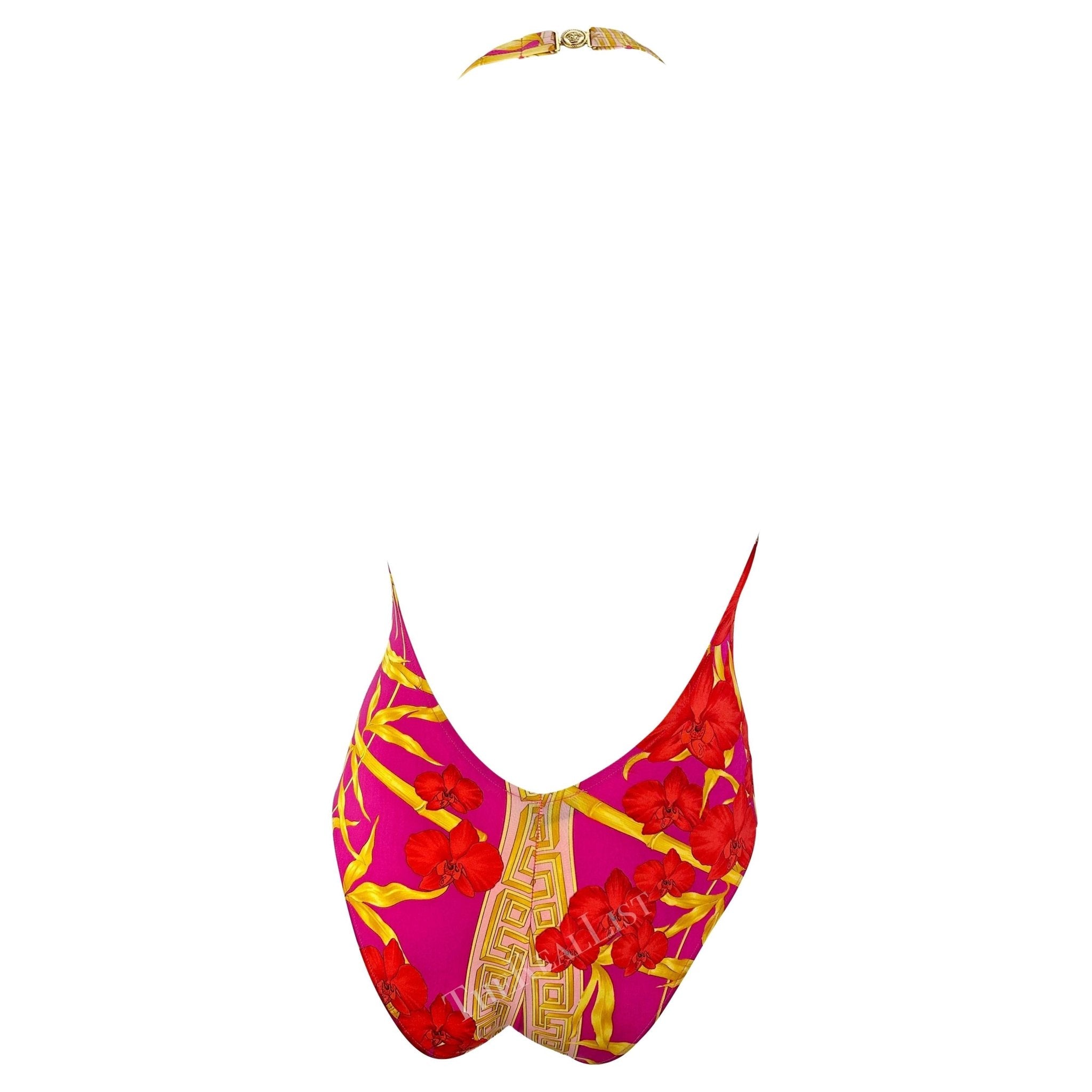 S/S 2000 Versace by Donatella Hot Pink Bamboo Plunging Halter One - Piece Swimsuit - RealList