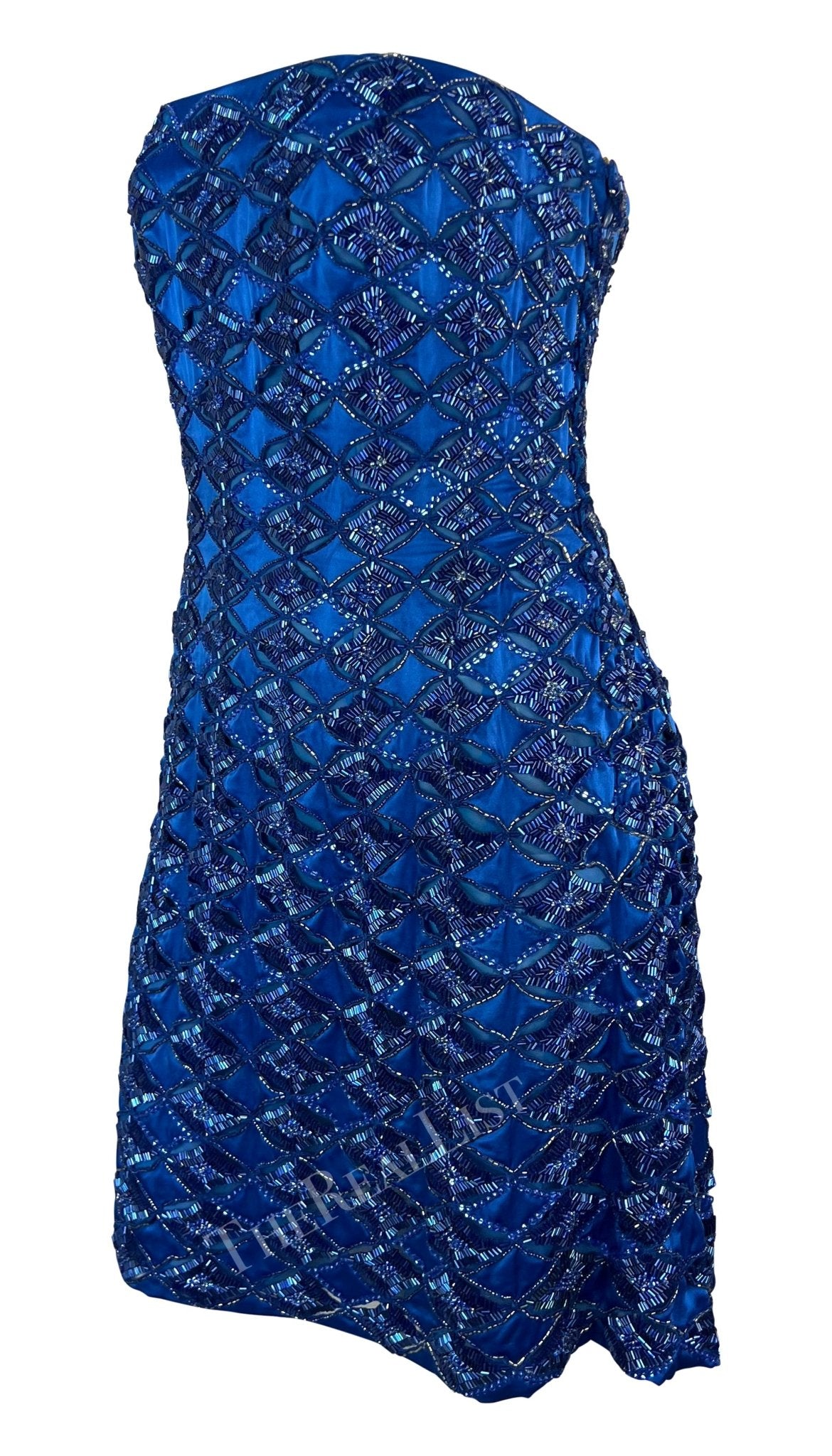 S/S 2001 Atelier Versace by Donatella Runway Blue Beaded Strapless Mini Dress - RealList