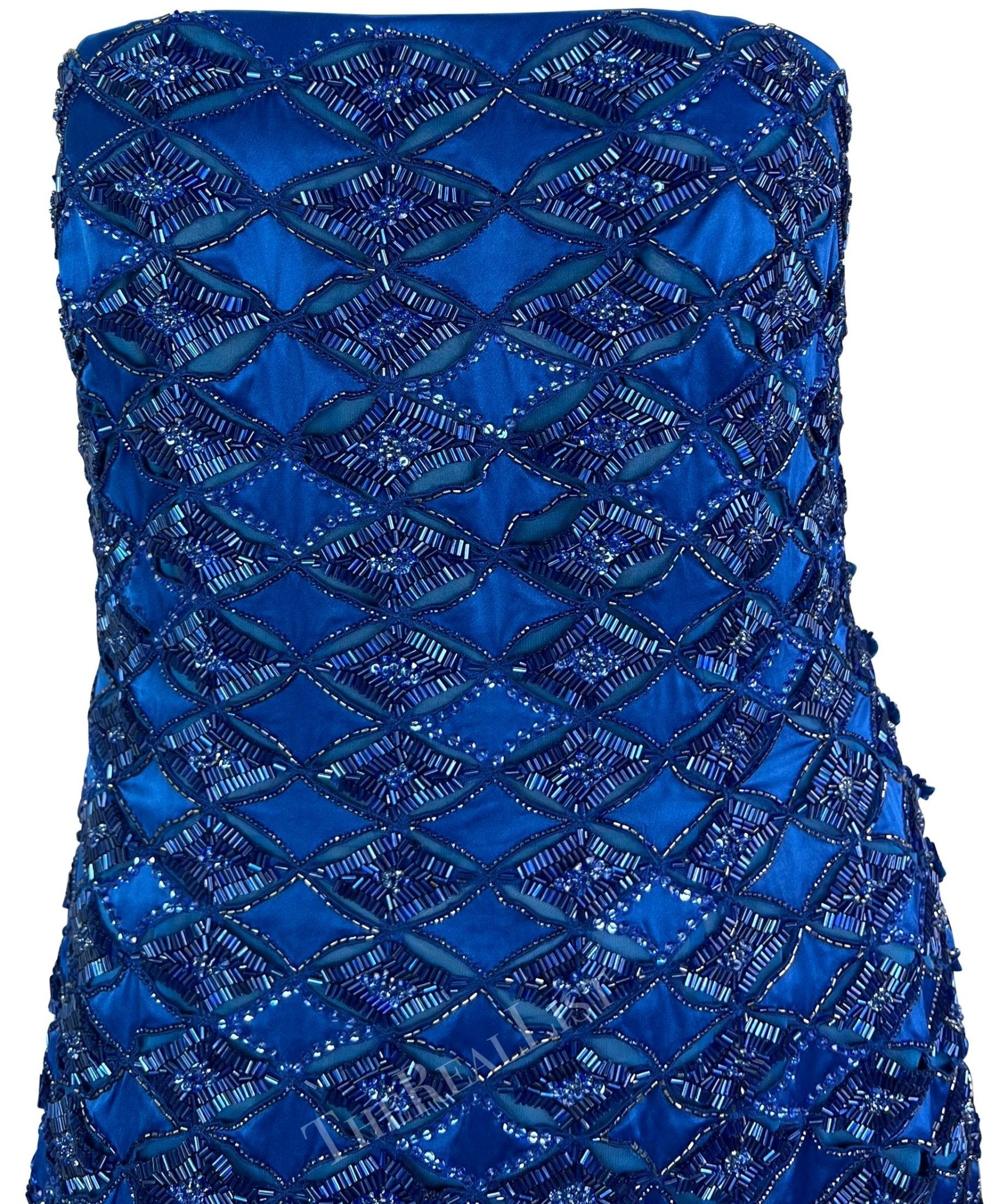 S/S 2001 Atelier Versace by Donatella Runway Blue Beaded Strapless Mini Dress - RealList