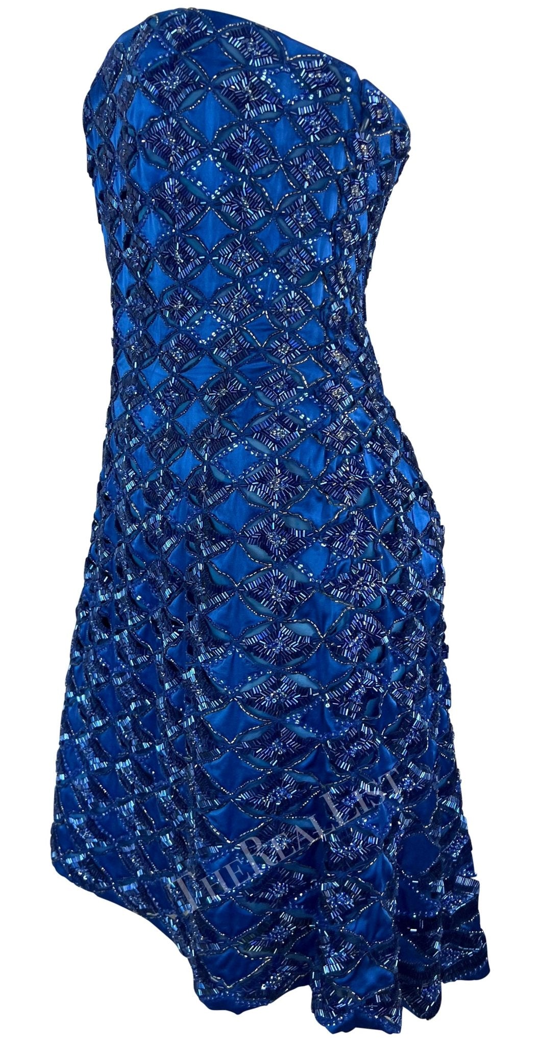 S/S 2001 Atelier Versace by Donatella Runway Blue Beaded Strapless Mini Dress - RealList