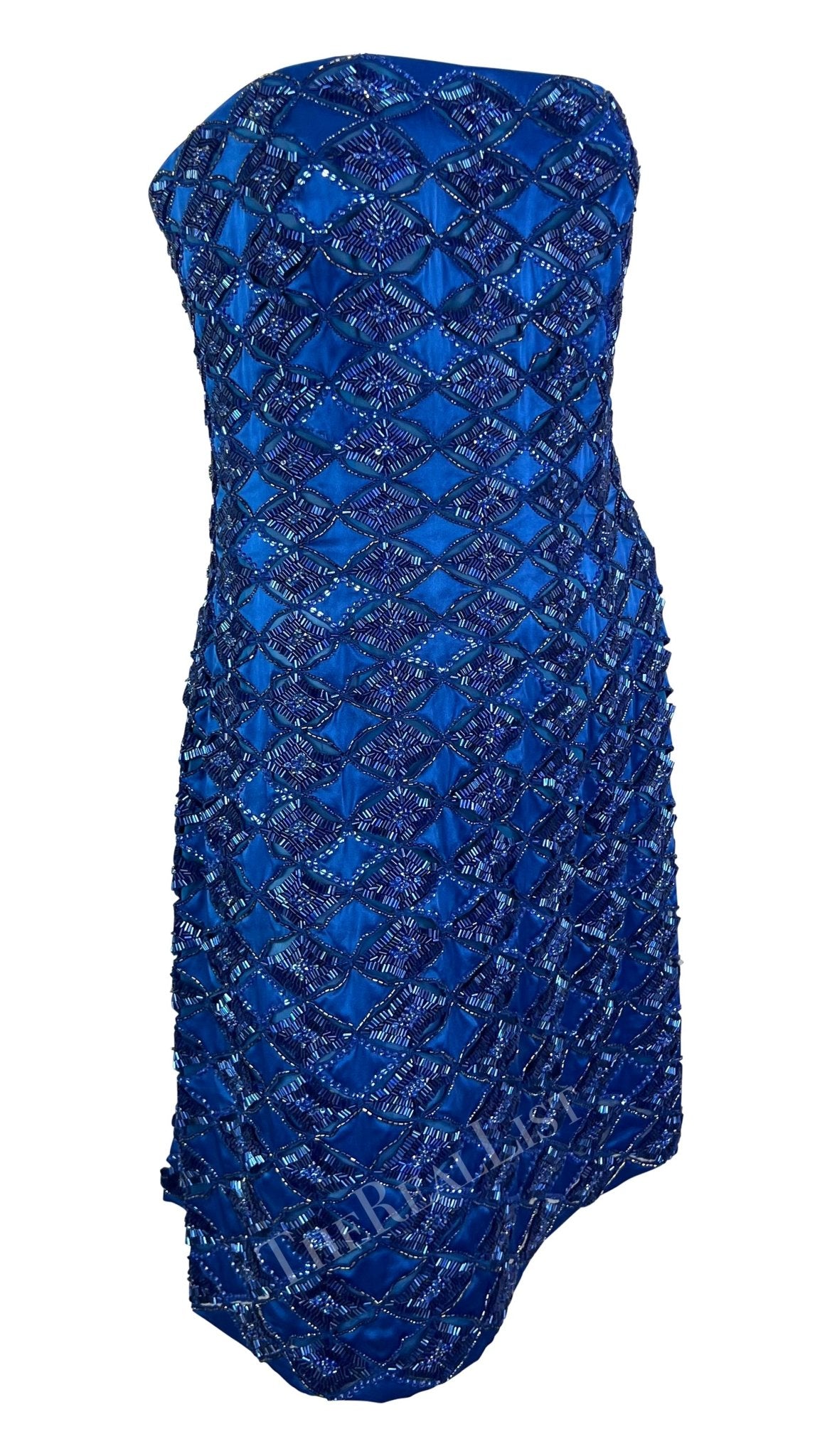 S/S 2001 Atelier Versace by Donatella Runway Blue Beaded Strapless Mini Dress - RealList