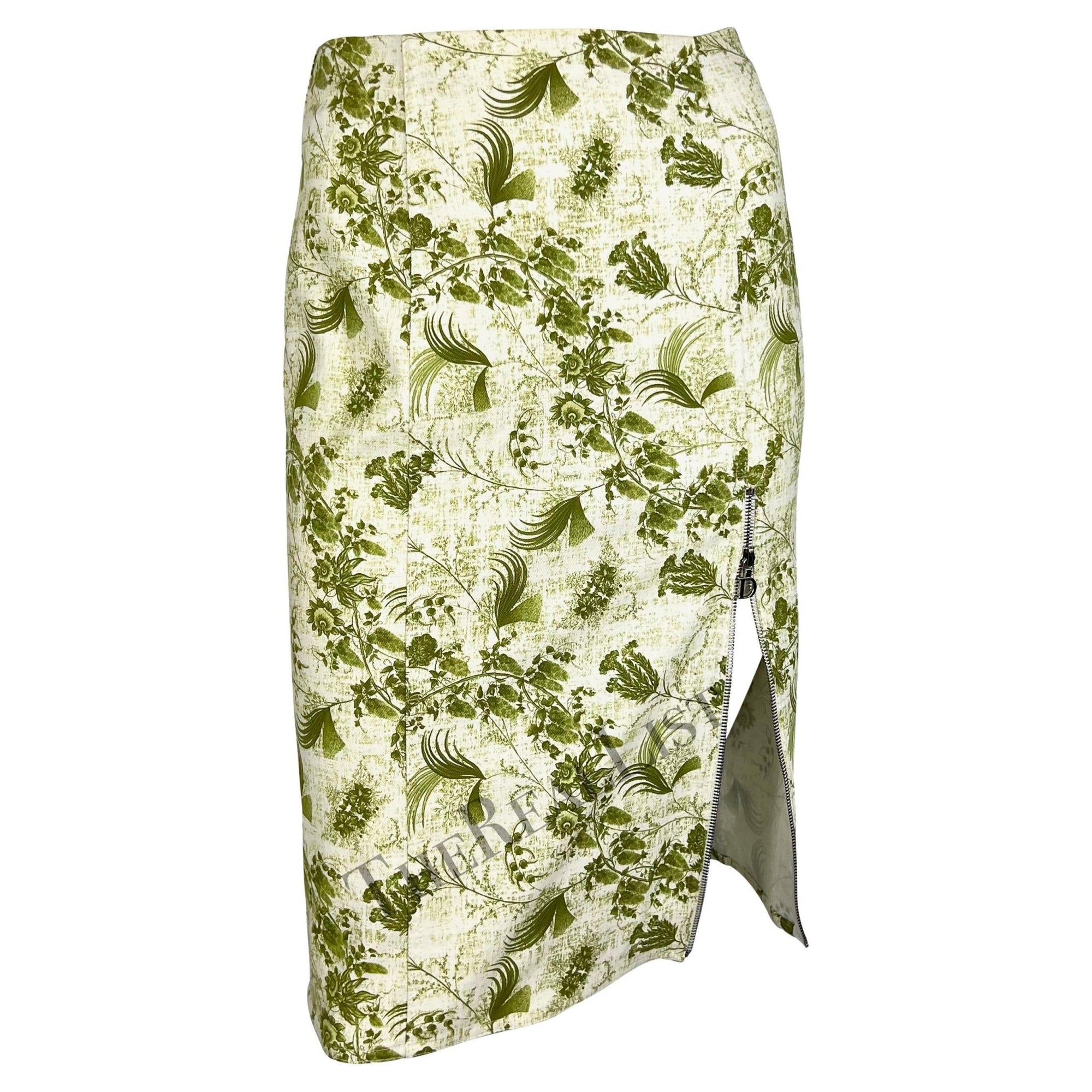 S/S 2001 Christian Dior by John Galliano Green Floral Logo Zip Ruffle Skirt Set - RealList