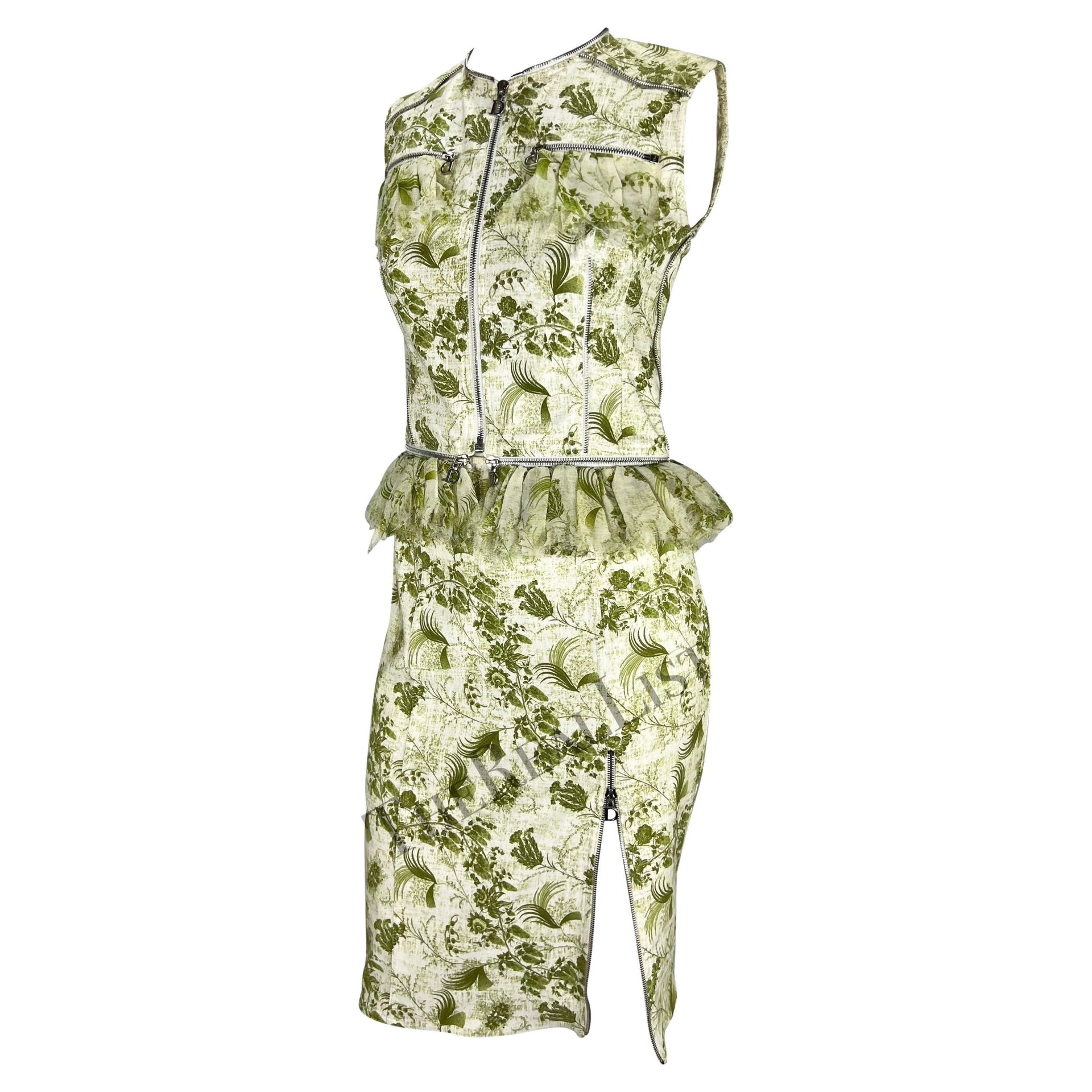 S/S 2001 Christian Dior by John Galliano Green Floral Logo Zip Ruffle Skirt Set - RealList