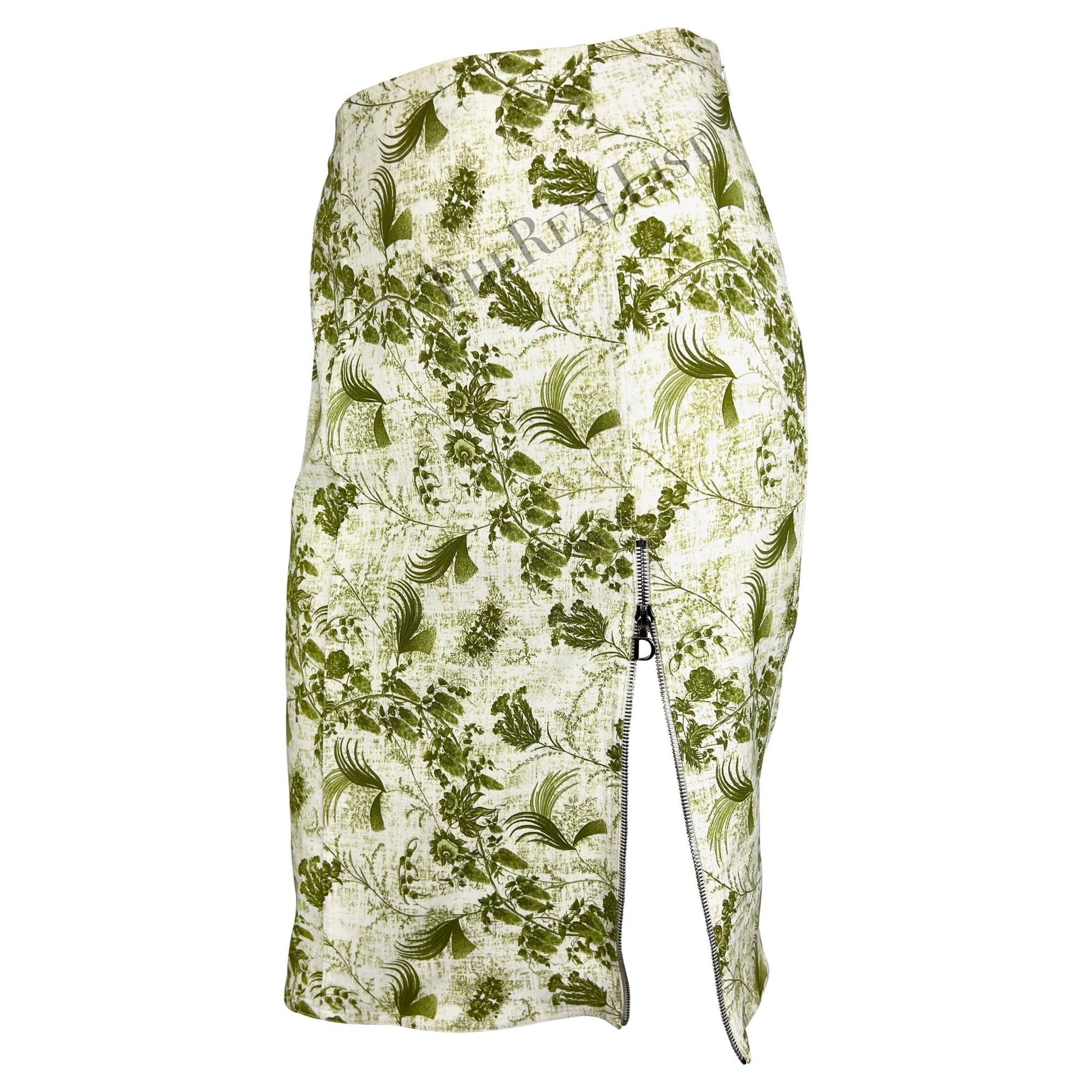 S/S 2001 Christian Dior by John Galliano Green Floral Logo Zip Ruffle Skirt Set - RealList