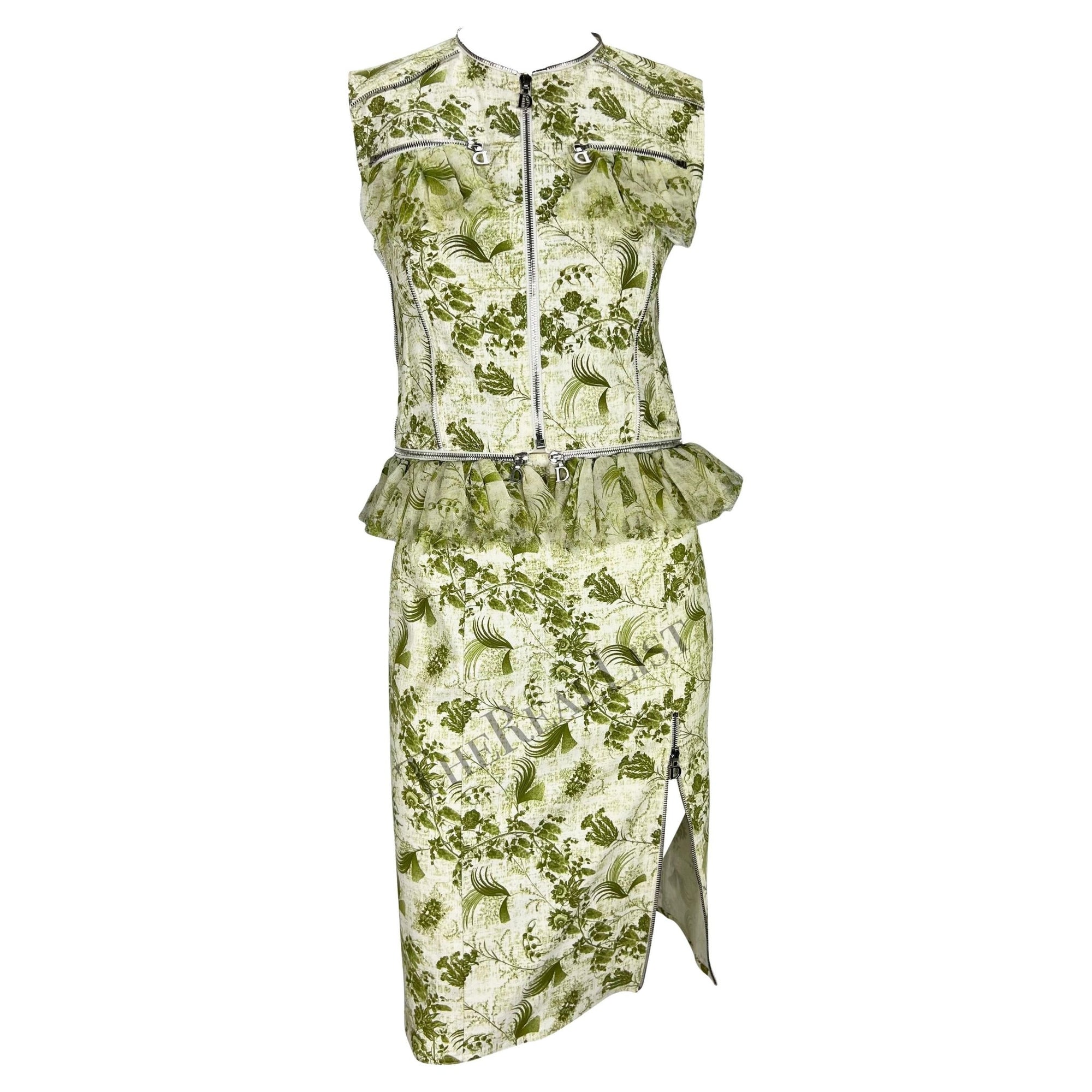 S/S 2001 Christian Dior by John Galliano Green Floral Logo Zip Ruffle Skirt Set - RealList
