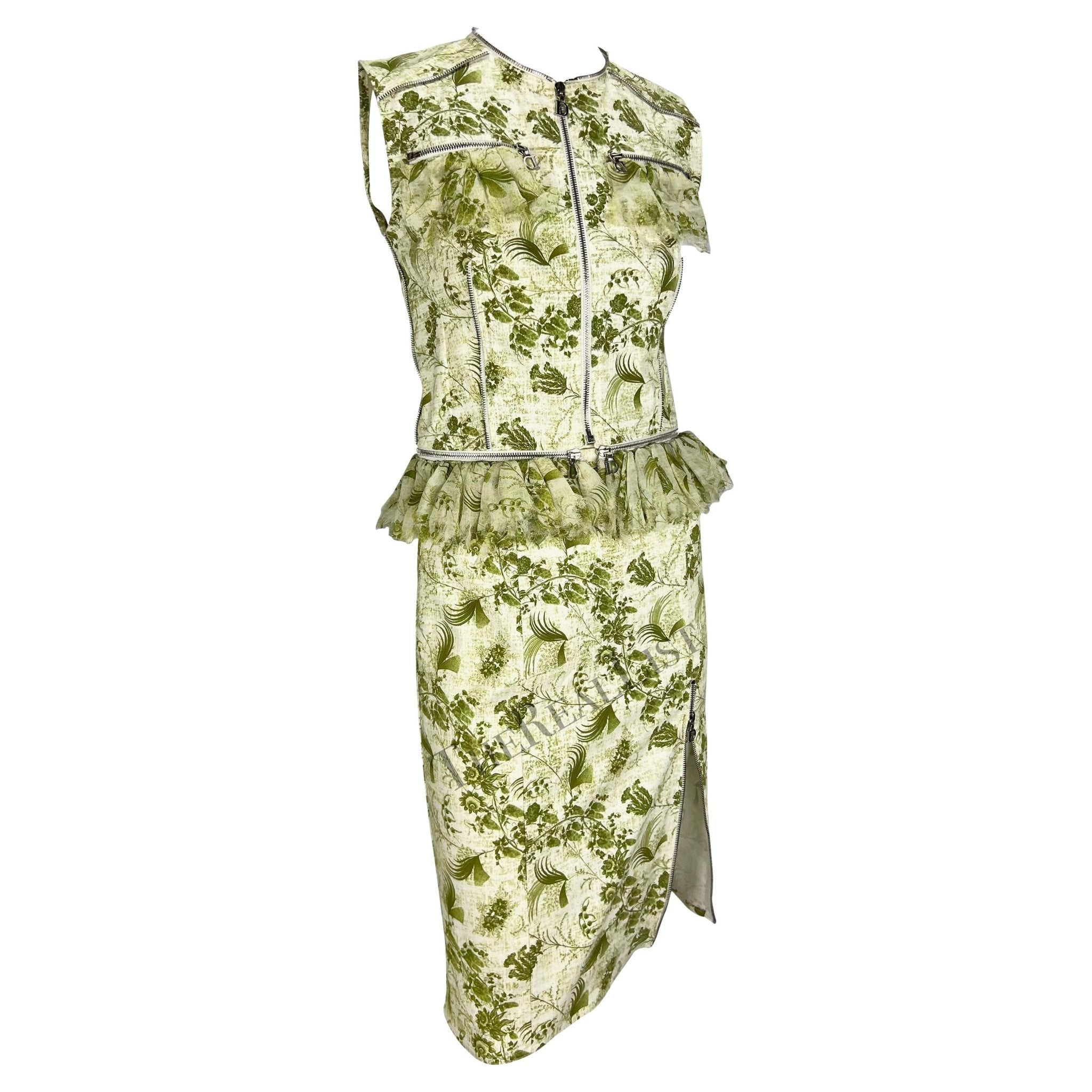 S/S 2001 Christian Dior by John Galliano Green Floral Logo Zip Ruffle Skirt Set - RealList