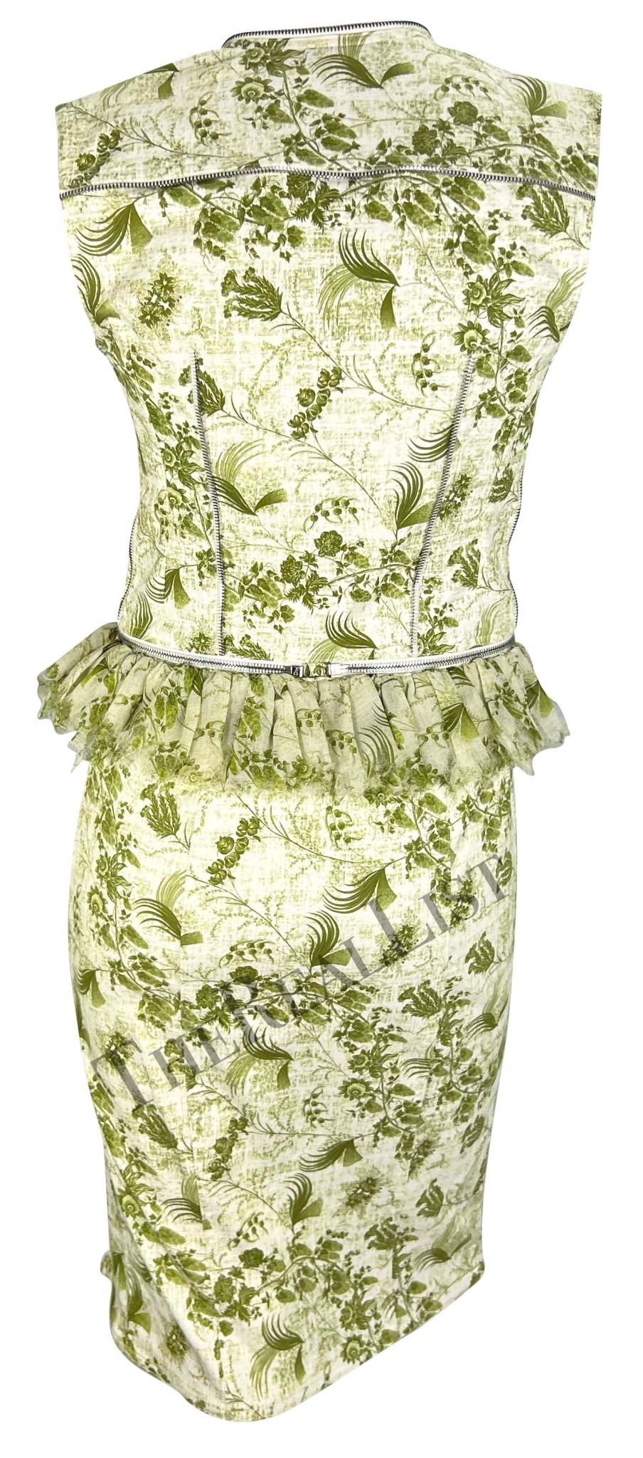 S/S 2001 Christian Dior by John Galliano Green Floral Logo Zip Ruffle Skirt Set - RealList