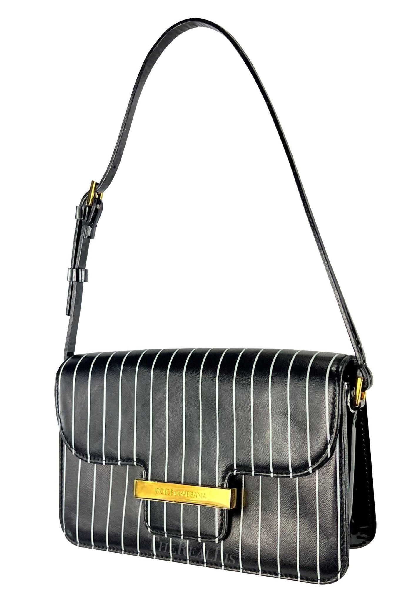 S/S 2001 Dolce & Gabbana Runway Black Pinstripe Leather Patent Mini Shoulder Bag - RealList