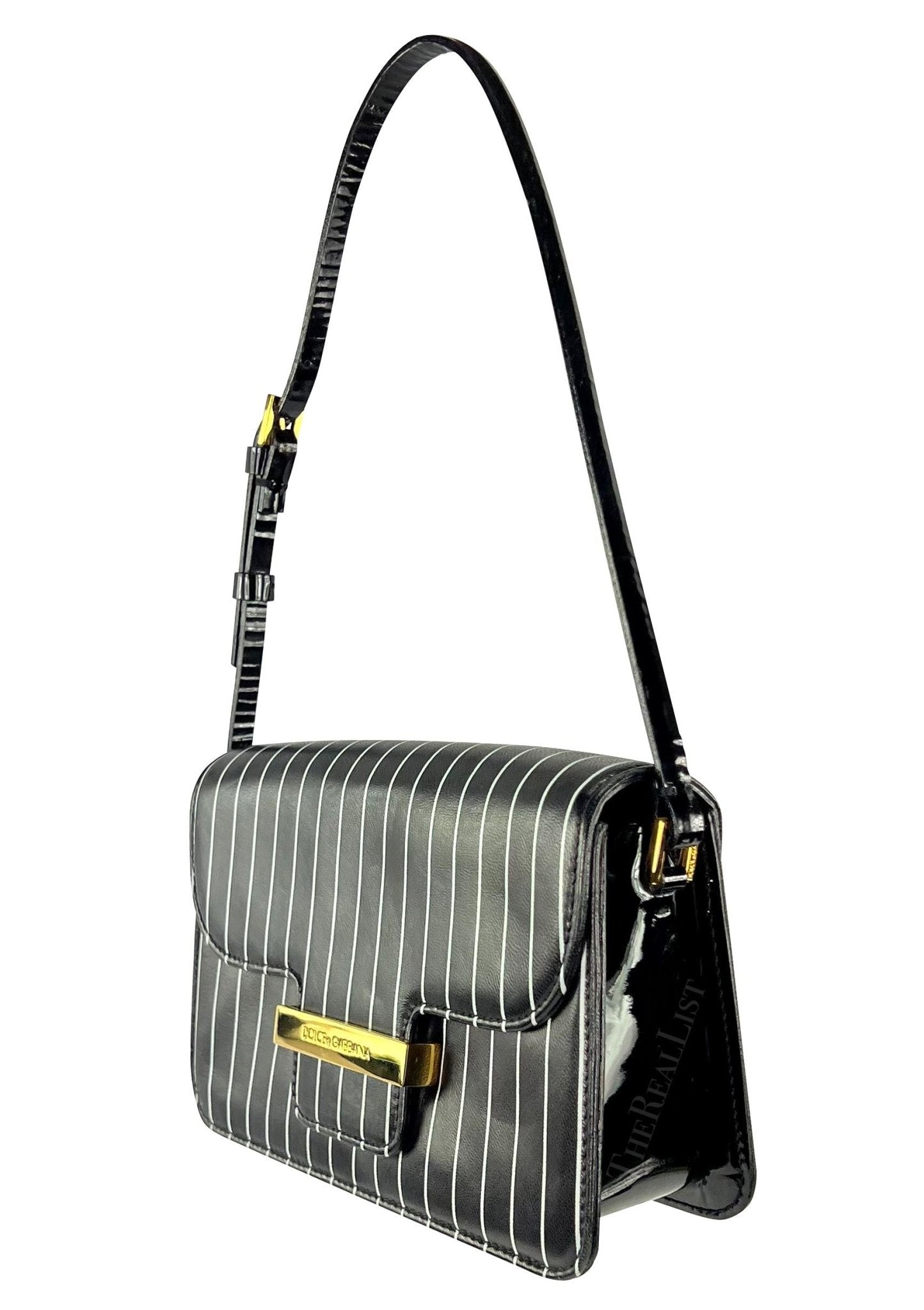 S/S 2001 Dolce & Gabbana Runway Black Pinstripe Leather Patent Mini Shoulder Bag - RealList