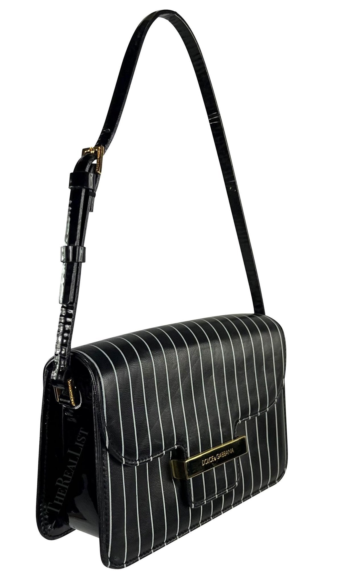 S/S 2001 Dolce & Gabbana Runway Black Pinstripe Leather Patent Mini Shoulder Bag - RealList