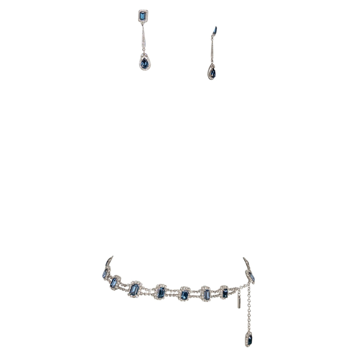 S/S 2001 Dolce & Gabbana Runway Rhinestone Blue Pendant Earrings Belt Set - RealList