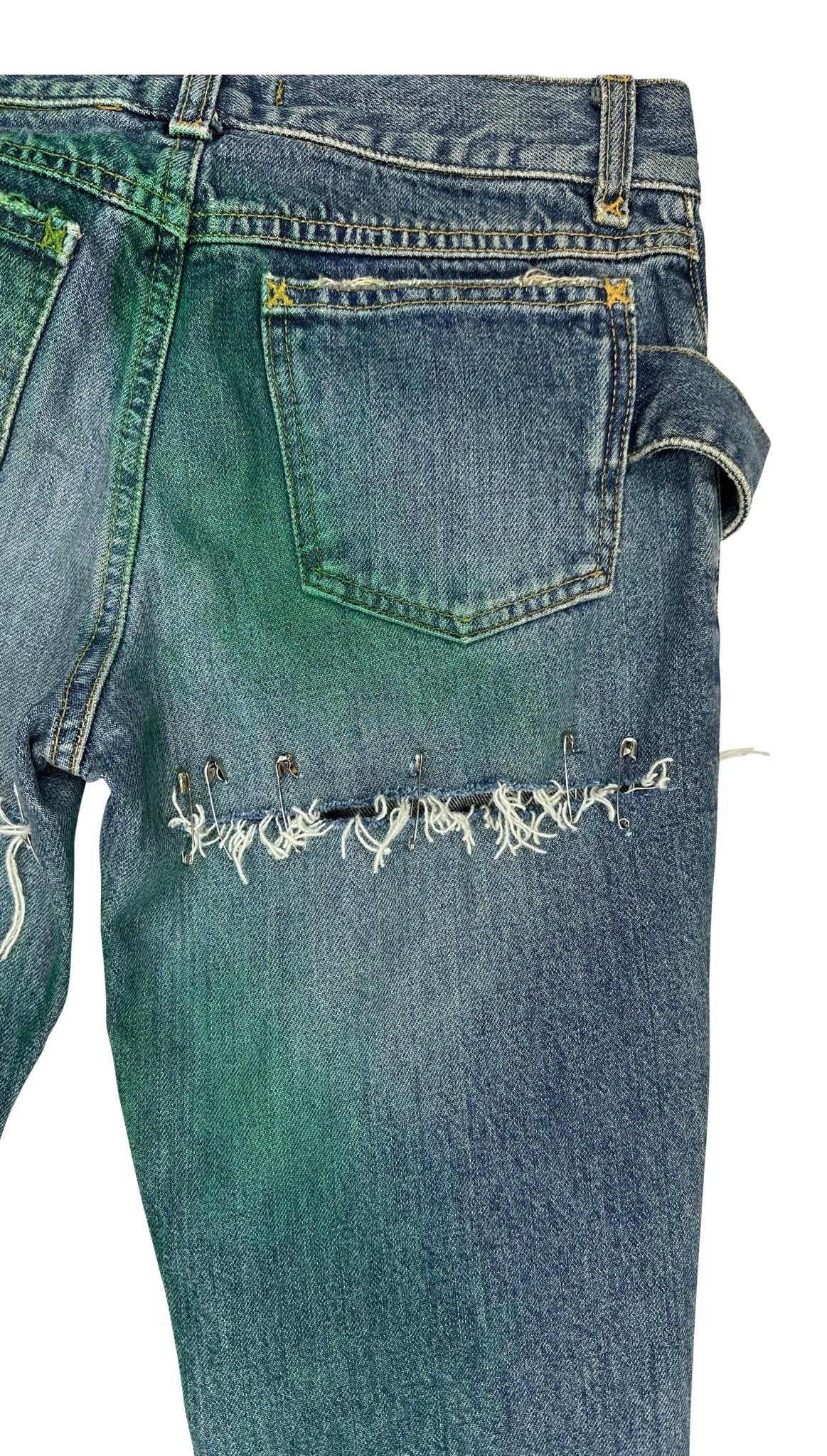 S/S 2001 Dolce & Gabbana Runway Safetey Pin Painted Logo Buckle Skinny Jeans - RealList