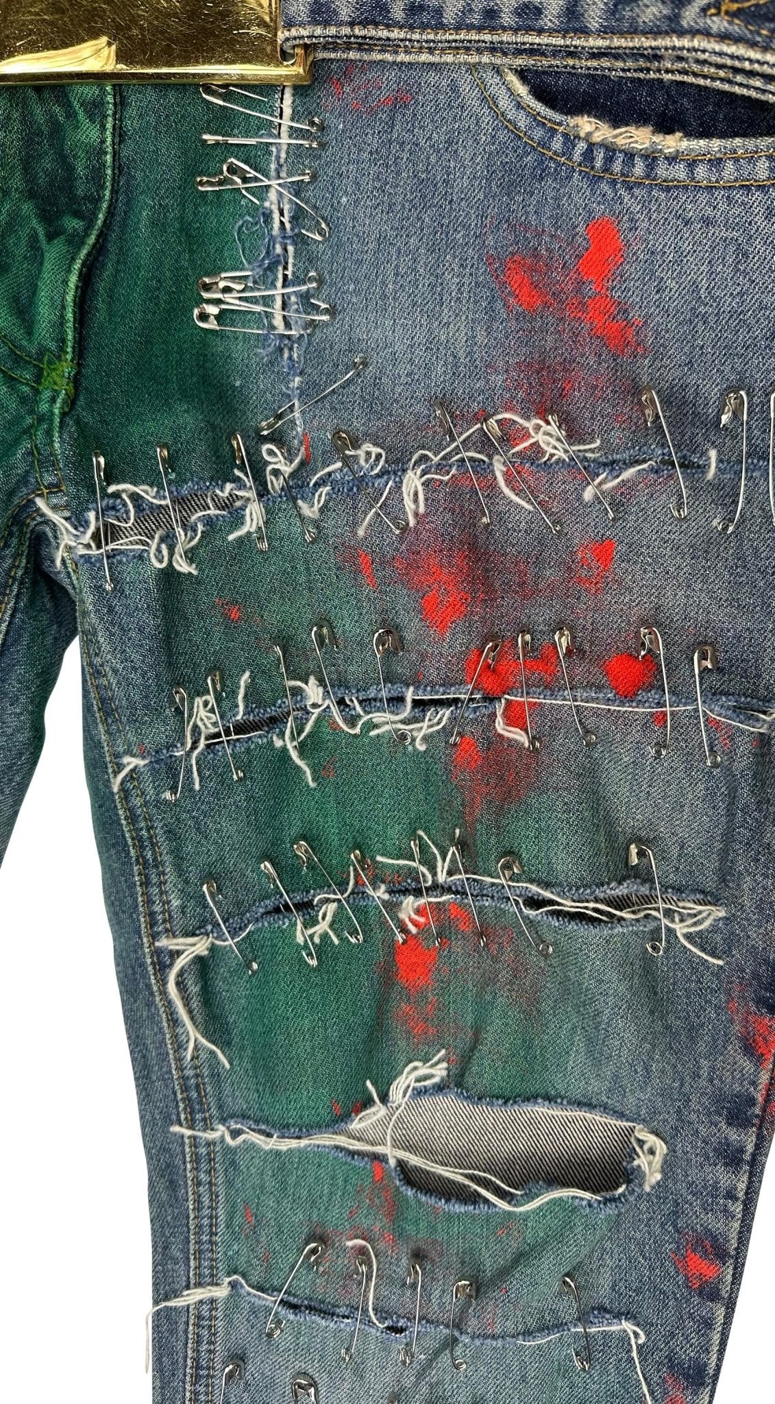 S/S 2001 Dolce & Gabbana Runway Safetey Pin Painted Logo Buckle Skinny Jeans - RealList